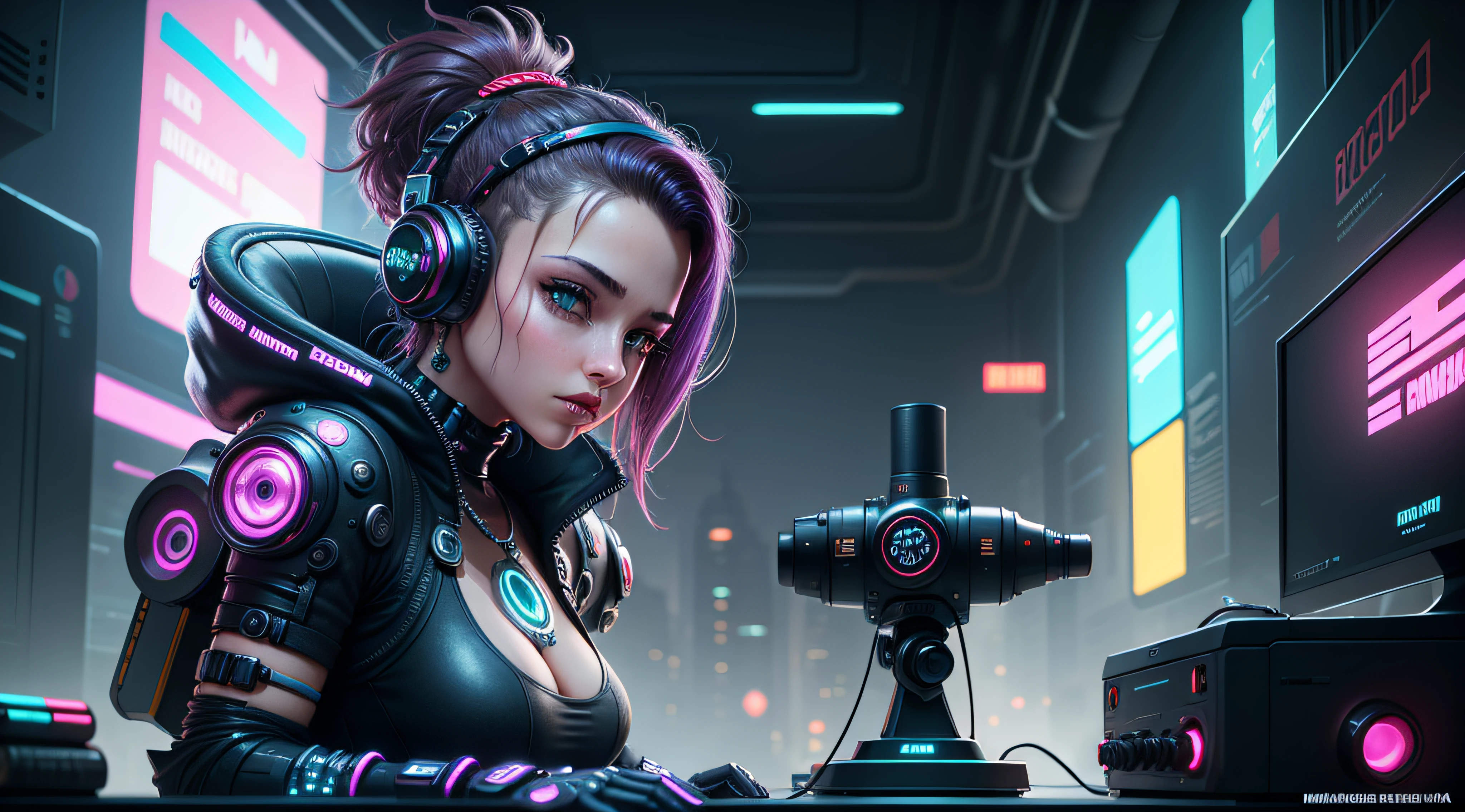 microfone cyberpunk completo, detalhes intrincados, 16 k , garota linda, imagem 16.9, modo paisagem