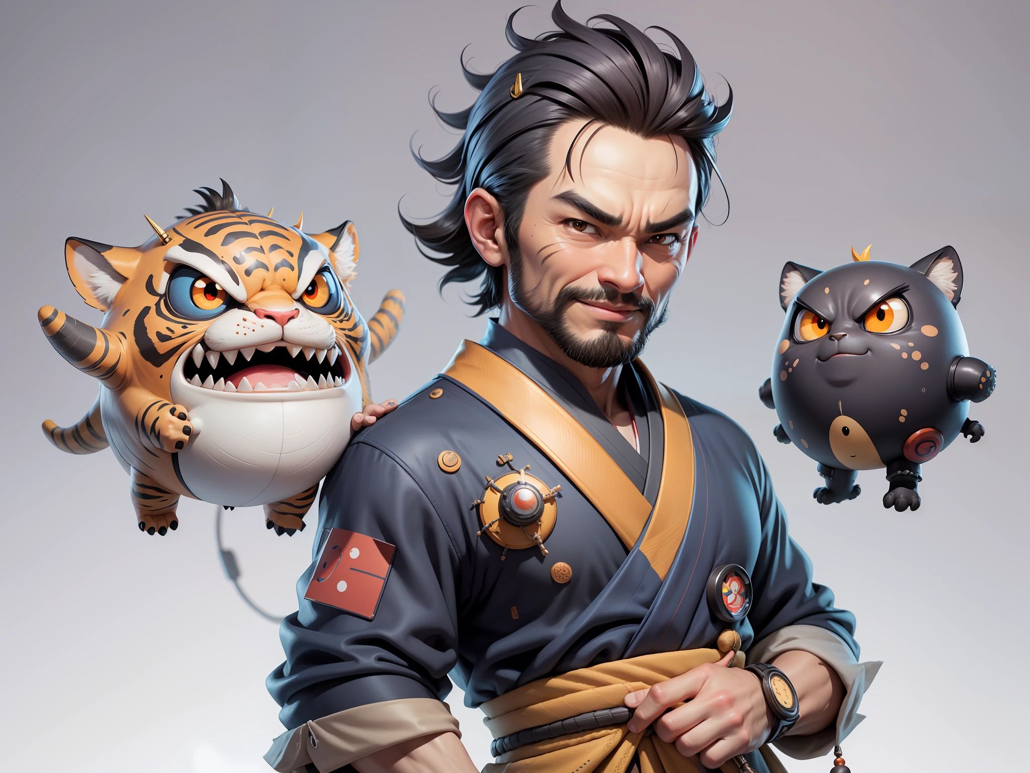 (Daisaku),(Need),(Super meticulous),(full bodyesbian:1.2),Super young man with Japanese geisha，Beautiful，orient，one tiger，Aeolian Thor，Raised sexy，爆乳，Oriental face，TV Anchor，Bust portrait illustration，In black suit，a blue tie，The face is slightly chubby，The face was clean，without a beard，Black super short hair，Black eyes，Smile confidently，3C computer sub-products，iPad， iphone，Digital painting，3D character design by Mark Clairen and Pixar and Hayao Miyazaki and Akira Toriyama，The illustration is a high-definition illustration in 4K resolution，With very detailed facial features and cartoon-style visuals。
