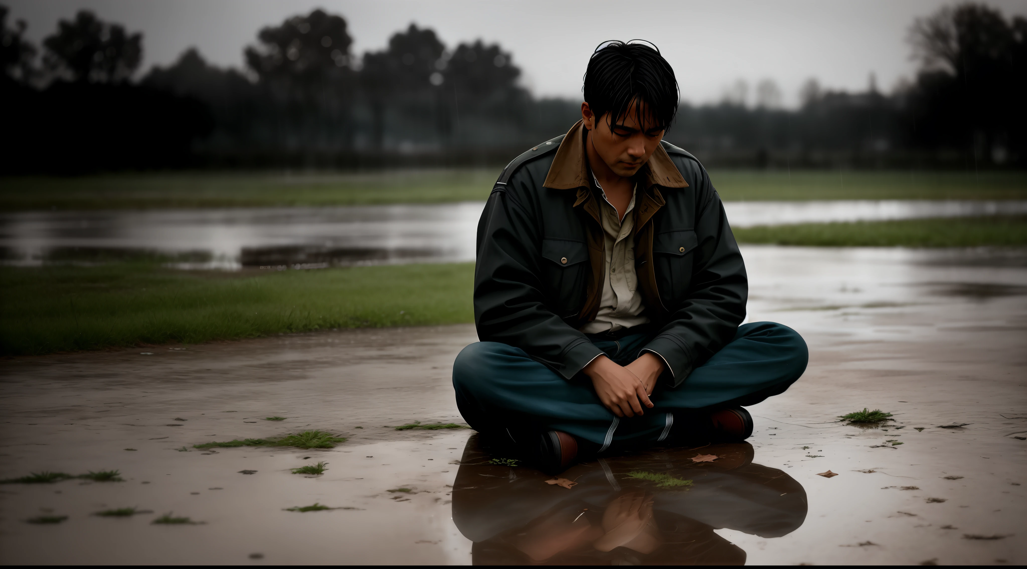 one man sitting on the ground, in worn and very old clothes, negative mood, guilt, heavy rain, soft particles, in the evening, wet reflective earth, artistic image, against the background of a battlefield, closeup