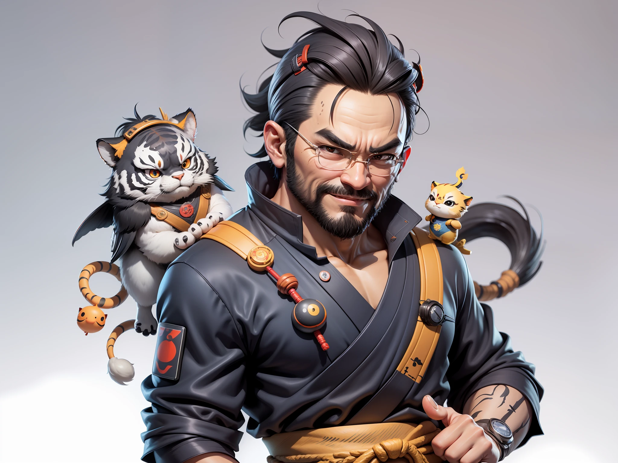 (Daisaku),(Need),(Super meticulous),(full bodyesbian:1.2),Super young man with Japanese geisha,Beautiful,orient,one tiger,Aeolian Thor,Raised sexy,爆乳,Oriental face,TV Anchor,Bust portrait illustration,In black suit,a blue tie,The face is slightly chubby,The face was clean,without a beard,Black super short hair,Black eyes,Smile confidently,3C computer sub-products,iPad, iphone,Digital painting,3D character design by Mark Clairen and Pixar and Hayao Miyazaki and Akira Toriyama,The illustration is a high-definition illustration in 4K resolution,With very detailed facial features and cartoon-style visuals。