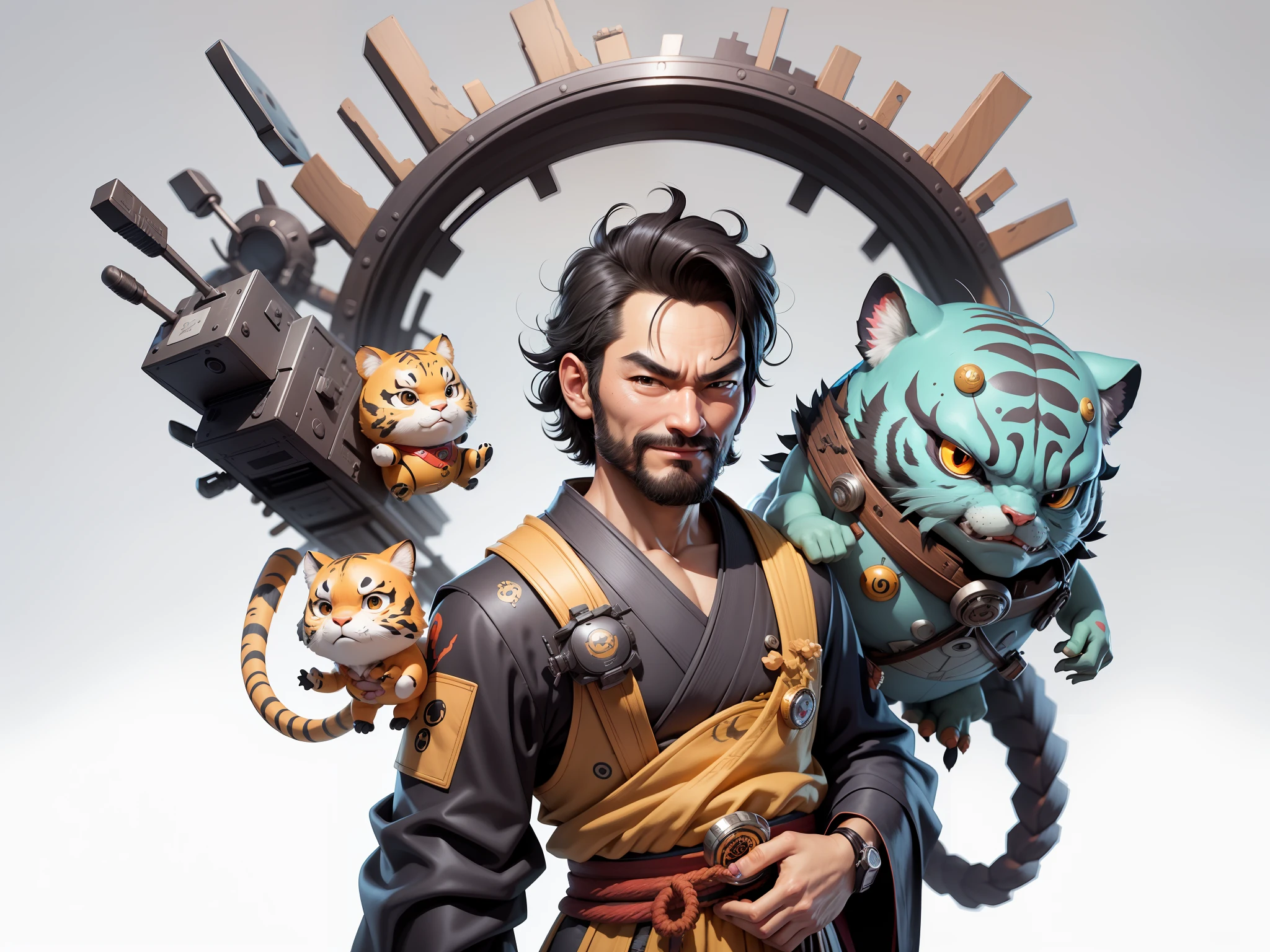 (Daisaku),(Need),(Super meticulous),(full bodyesbian:1.2),Super young man with Japanese geisha,Beautiful,orient,one tiger,Aeolian Thor,Raised sexy,爆乳,Oriental face,TV Anchor,Bust portrait illustration,In black suit,a blue tie,The face is slightly chubby,The face was clean,without a beard,Black super short hair,Black eyes,Smile confidently,3C computer sub-products,iPad, iphone,Digital painting,3D character design by Mark Clairen and Pixar and Hayao Miyazaki and Akira Toriyama,The illustration is a high-definition illustration in 4K resolution,With very detailed facial features and cartoon-style visuals。