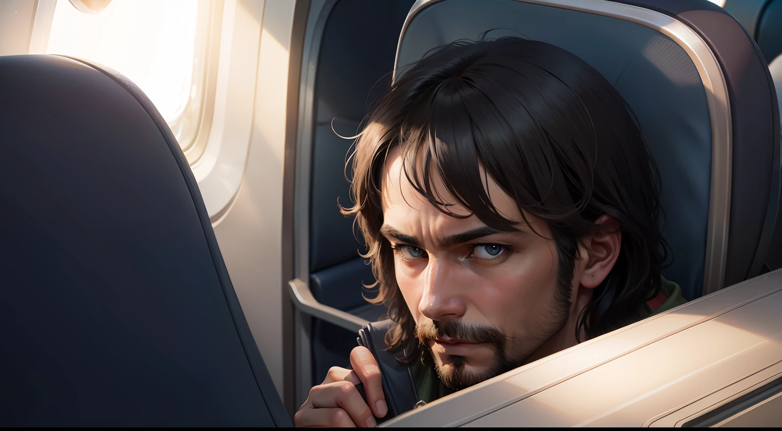 A lone man peeking out the passenger window of an airplane