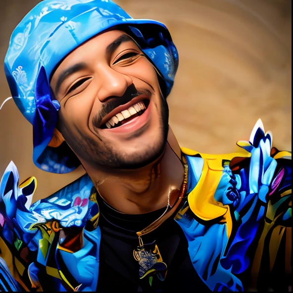 Araffed man with a blue hat and a blue shirt, joias rapper, joias do rapper bling, smug smirk, smug smirk, Fotografia de 2 0 0 0, smug smirk, Masterpice, Masterpice de arte, foto de perfil, foto de perfil, raiado, martin sandiego, Riacho da vida real, grande sorriso, caio santos