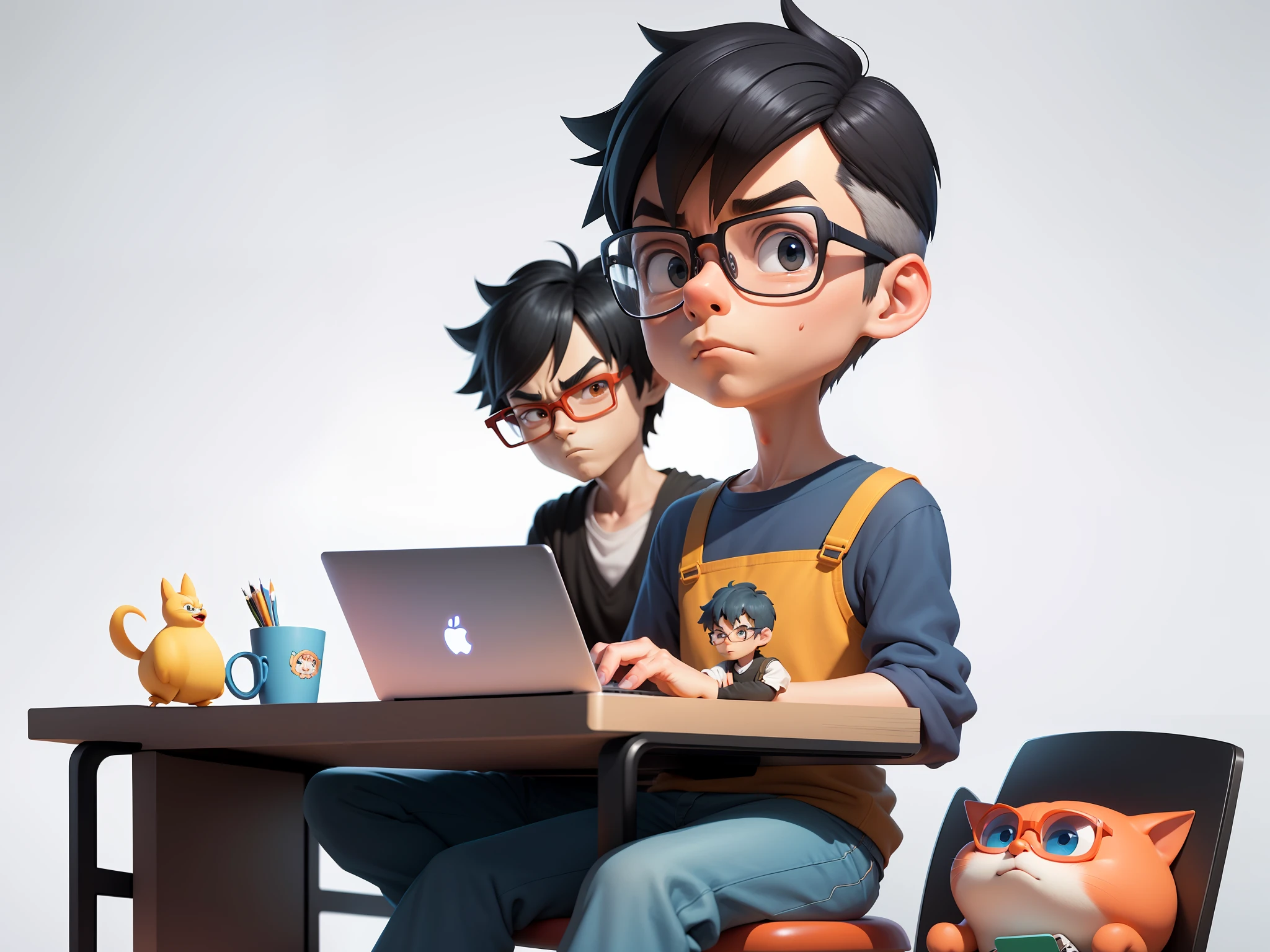 A young man with glasses sits at his desk,holding laptop,digitial painting,3D character design by Mark Clairen and Pixar and Hayao Miyazaki and Akira Toriyama,4K HD illustration,Very detailed facial features and cartoon-style visuals。