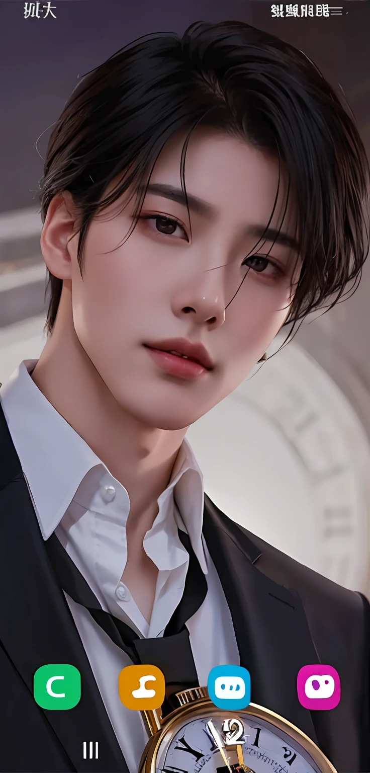 a close up of a person in a suit and tie with a clock, delicate androgynous prince, artwork in the style of guweiz, beautiful androgynous prince, inspired by Bian Shoumin, anime handsome man, anime portrait of a handsome man, inspired by Yanjun Cheng, manhwa, heise jinyao, by Shitao, beautiful high nose, half-closed lips, eyes 2 eyelids clear, has dimpled cheeks