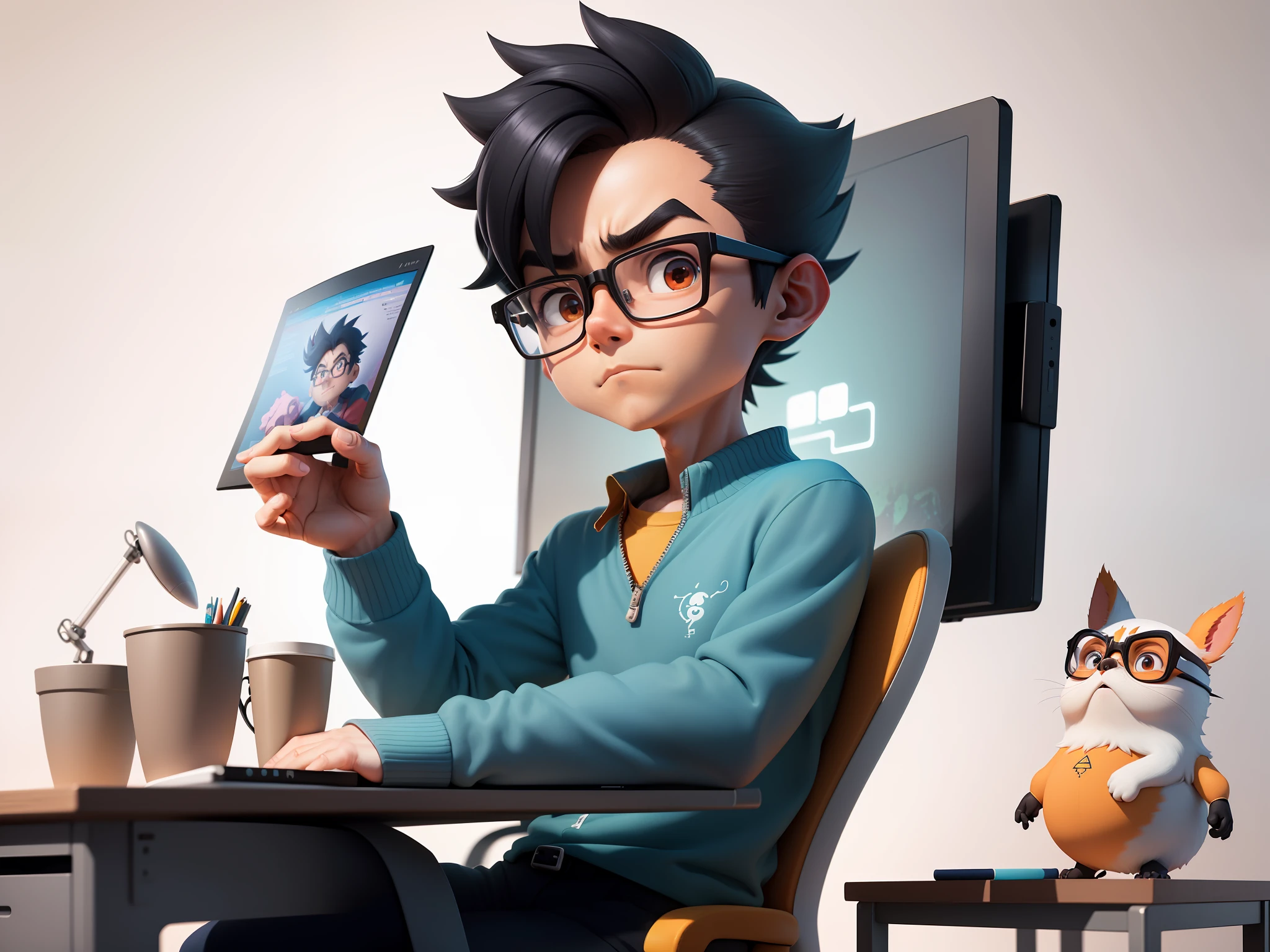 A young man with glasses sits at his desk,holding laptop,digitial painting,3D character design by Mark Clairen and Pixar and Hayao Miyazaki and Akira Toriyama,4K HD illustration,Very detailed facial features and cartoon-style visuals。