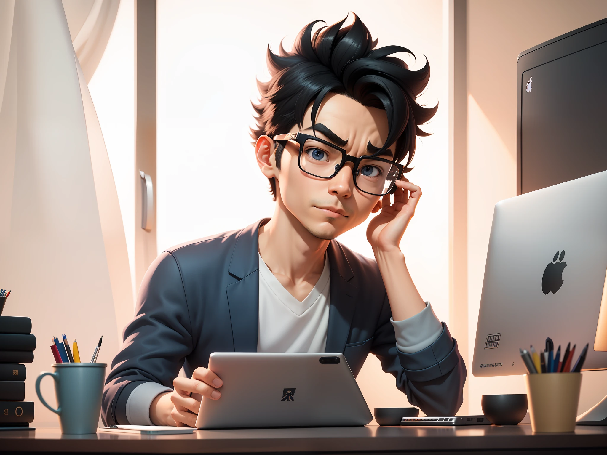 A young man with glasses sits at his desk，holding laptop，digitial painting，3D character design by Mark Clairen and Pixar and Hayao Miyazaki and Akira Toriyama，4K HD illustration，Very detailed facial features and cartoon-style visuals。