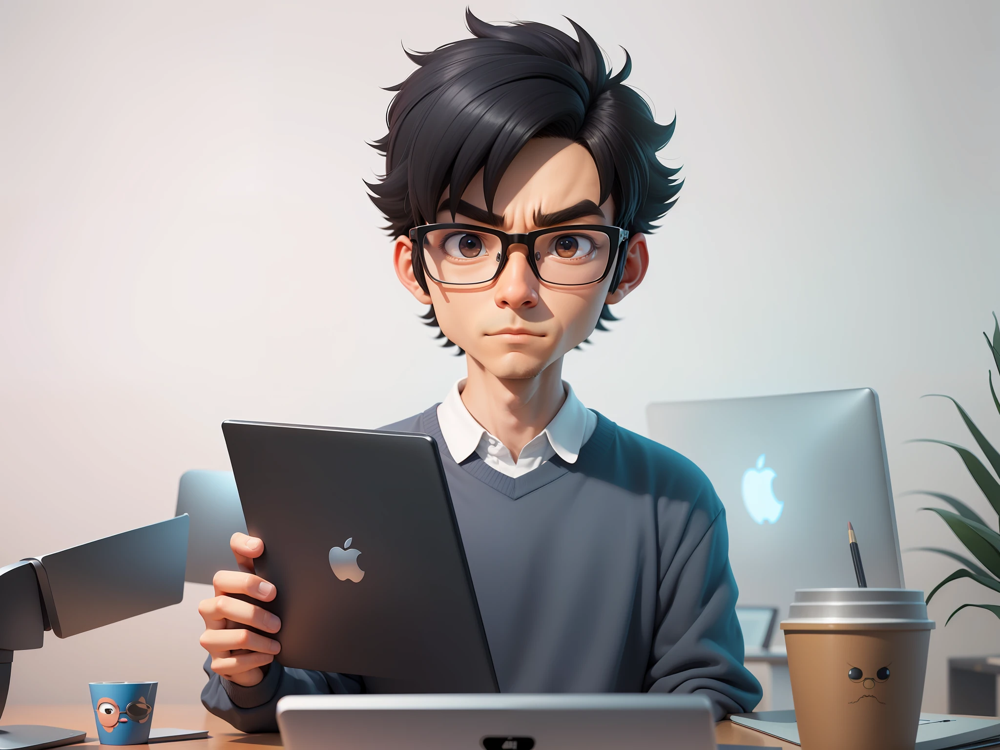 A young man with glasses sits at his desk，holding laptop，digitial painting，3D character design by Mark Clairen and Pixar and Hayao Miyazaki and Akira Toriyama，4K HD illustration，Very detailed facial features and cartoon-style visuals。