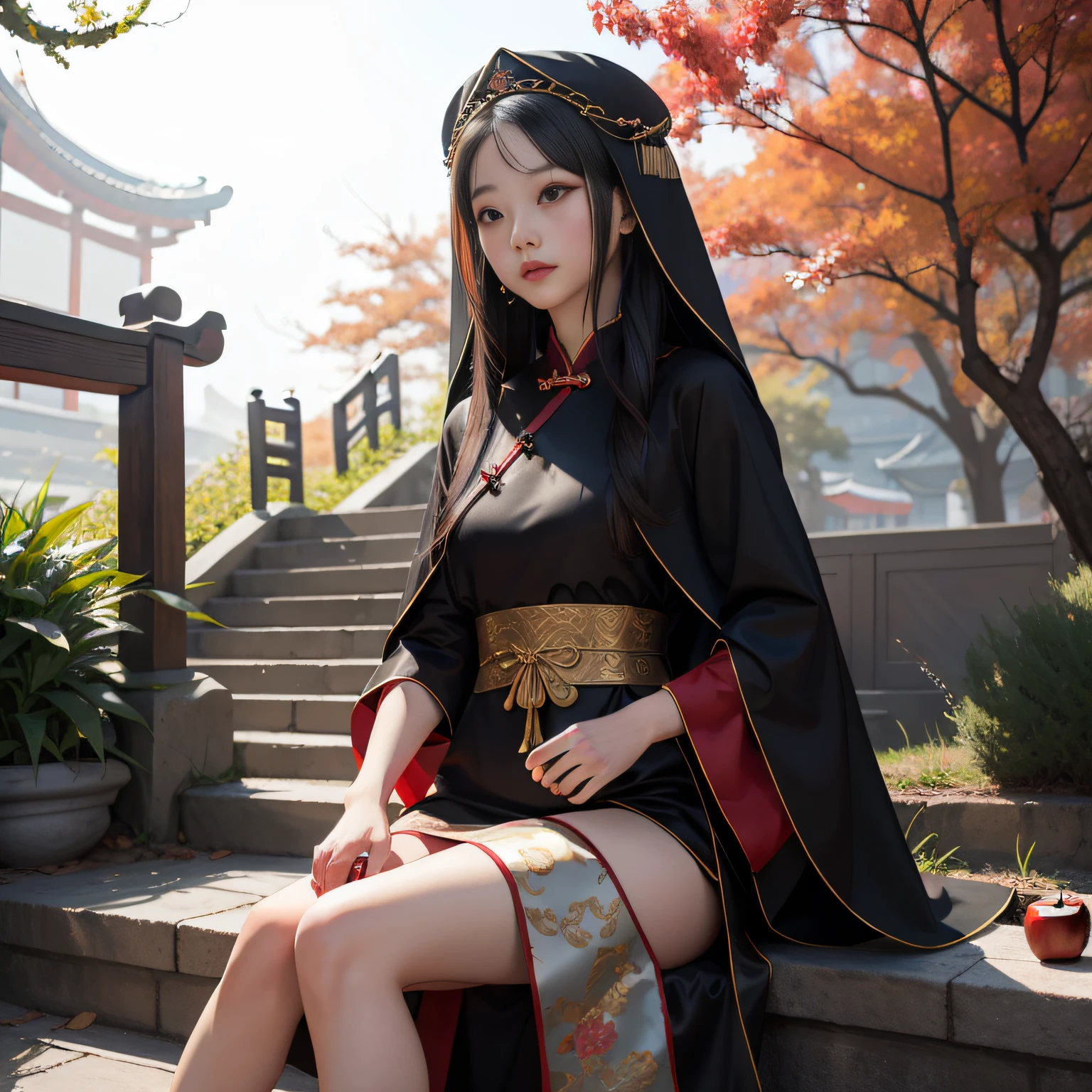 Allafard Asian girl sitting on steps holding a red apple, Young Asian girl, Chinese girl, Palace , A girl in Hanfu, traditional tai costume, Chinese costume, little boy wearing nun outfit, wearing long black robe, Traditional Chinese clothing, wearing an academic gown, Asian girl, Korean girl, Wearing a black robe, Chinese traditional, tai costume, Chinese style