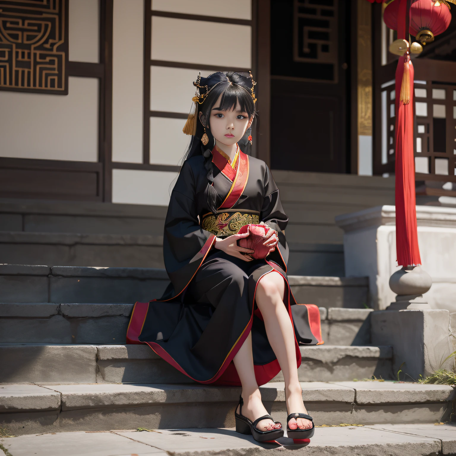 Allafard Asian girl sitting on steps holding a red apple, Young Asian girl, Chinese girl, Palace , A girl in Hanfu, traditional tai costume, Chinese costume, little boy wearing nun outfit, wearing long black robe, Traditional Chinese clothing, wearing an academic gown, Asian girl, Korean girl, Wearing a black robe, Chinese traditional, tai costume, Chinese style