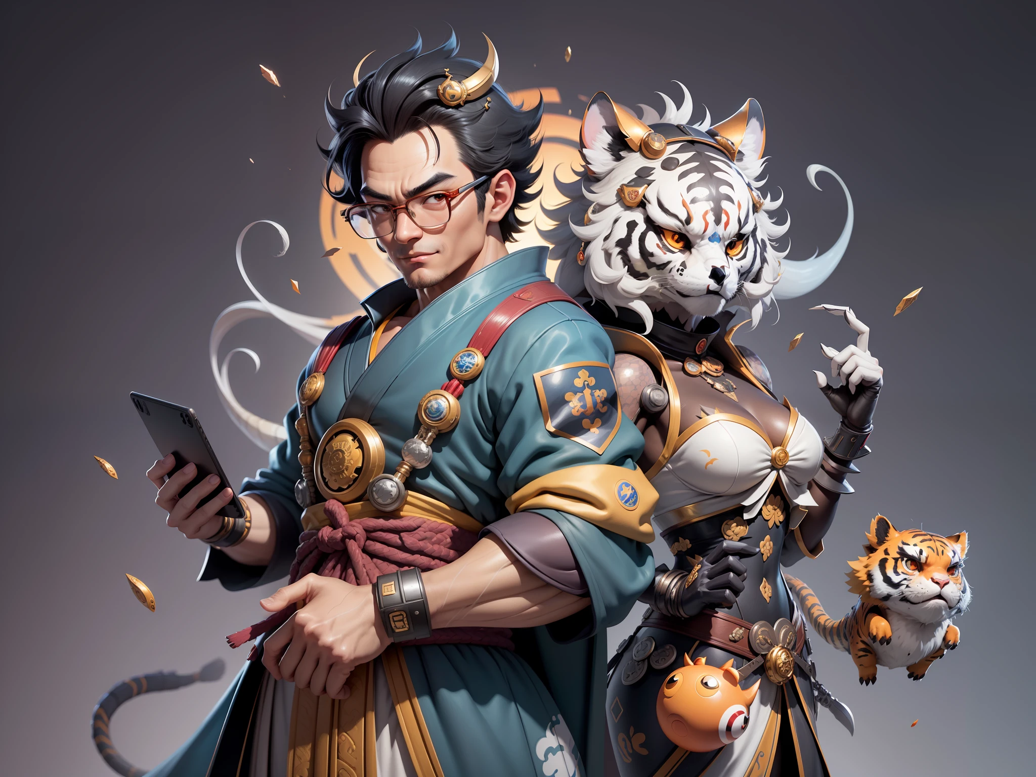 (Masterpiece), (Excellent), (Super Meticulous), (Full Body: 1.2), Super Young Man with Japanese Female Geisha, Pretty, Beautiful, Chinese Dragon, Tiger, Wind God Thor, Sexy, Bursting, Oriental Face, TV Anchor, Bust Portrait Illustration, Black Suit, Blue Tie, Slightly Chubby Face, Silver Glasses, Very Clean Face, No Beard on Chin, Black Super Short Hair, Black Eyes, Confident Smile, 3c Computer Sub-Products, iPad, iPhone, Digital Painting, 3D character design by Mark Clairedon and Pixar and Hayao Miyazaki and Akira Toriyama, the illustrations are HD illustrations in 4K resolution with highly detailed facial features and cartoon-style visuals.