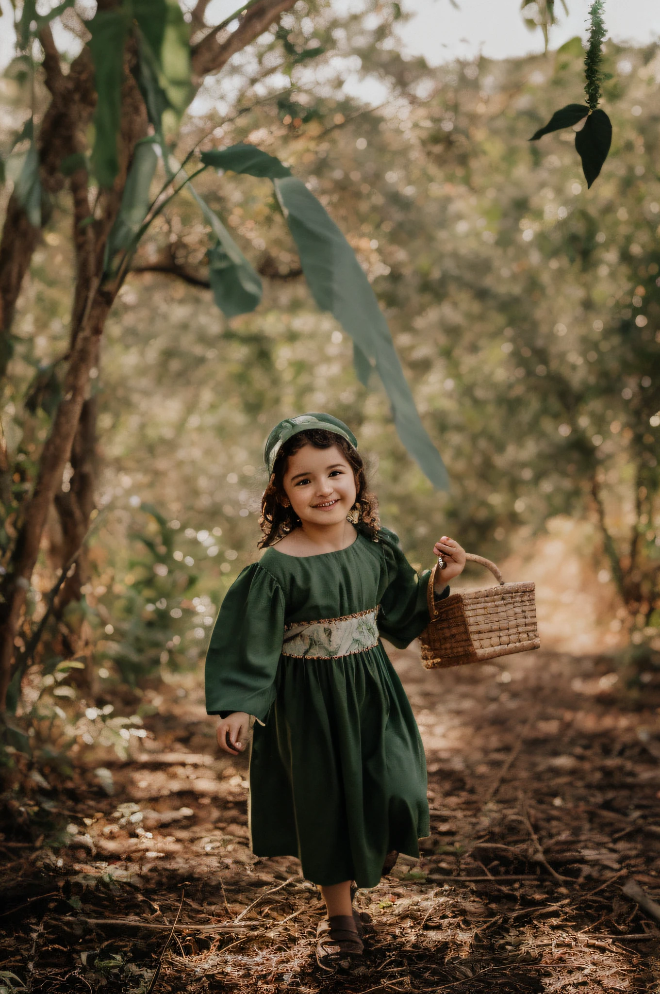 arafed menina no vestido verde segurando uma cesta e sorrindo, menina que caminha na floresta, desfrutando de um passeio na floresta, fada da floresta, vestido verde escuro, inspirado em Kate Greenaway, Piquenique na floresta, green tunic, garota, em floresta verde, organic dress, menina que caminha na floresta escura, vestido verde esfarrapado, vestido de videira, em uma floresta de conto de fadas extravagante