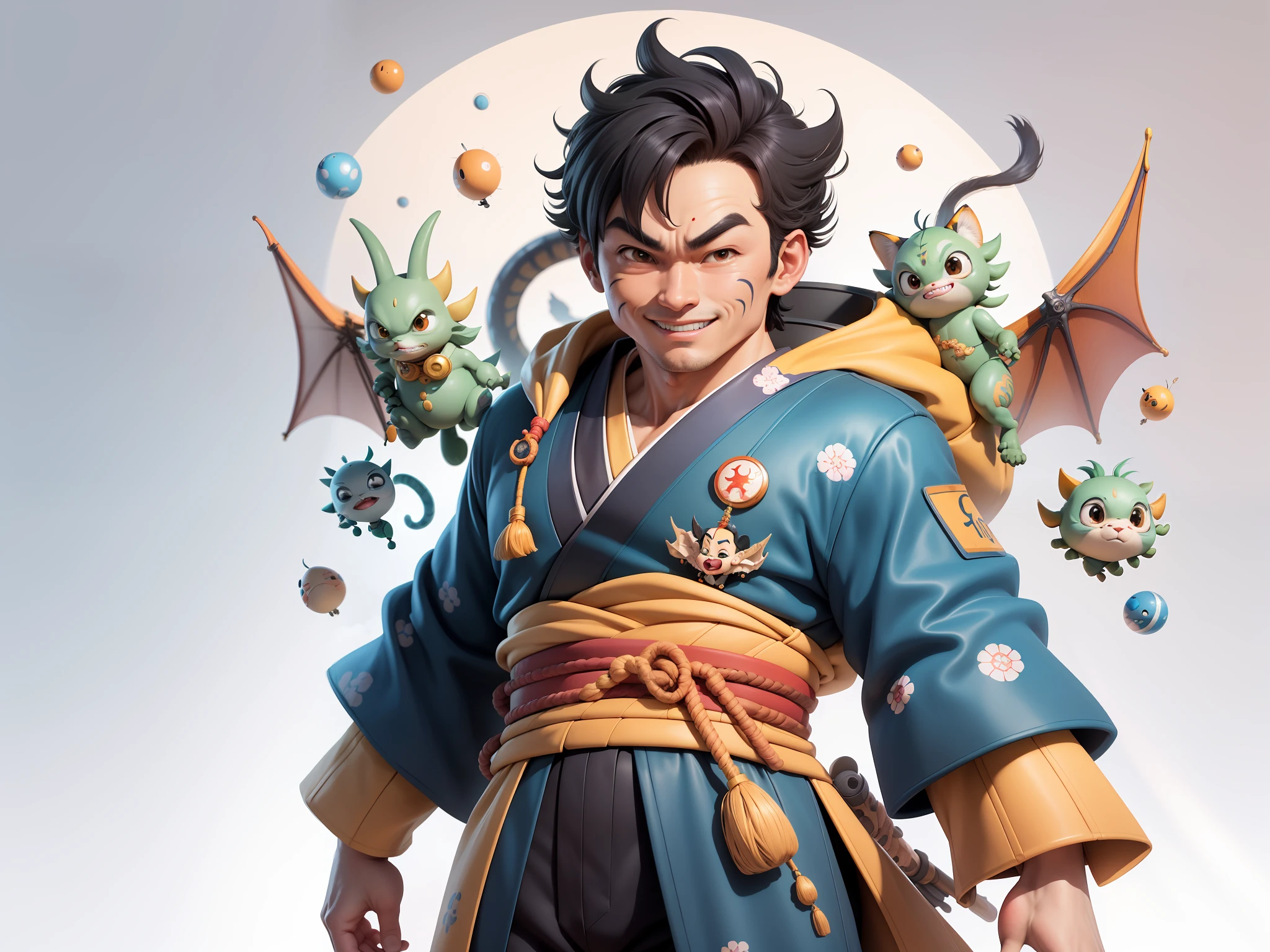 (Masterpiece), (Excellent), (Super Meticulous), (Full Body: 1.2), Super Young Man, Oriental Face, Japanese Kimono, Japanese Wind Thunder God, Dragon, Tiger, TV Anchor, Bust Portrait Illustration, Alone, Black Suit, Blue Tie, Slightly Chubby Face, Very Clean Face, No Beard, Black Super Short Hair, Black Eyes, Confident Smile, 3c Computer Sub-Products, iPad, iPhone, Digital Painting, 3D Character Design by Akira Toriyama and Mark Claireden and Pixar and Hayao Miyazaki, The illustration is a high-definition illustration in 4K resolution with very detailed facial features and cartoon-style visuals.