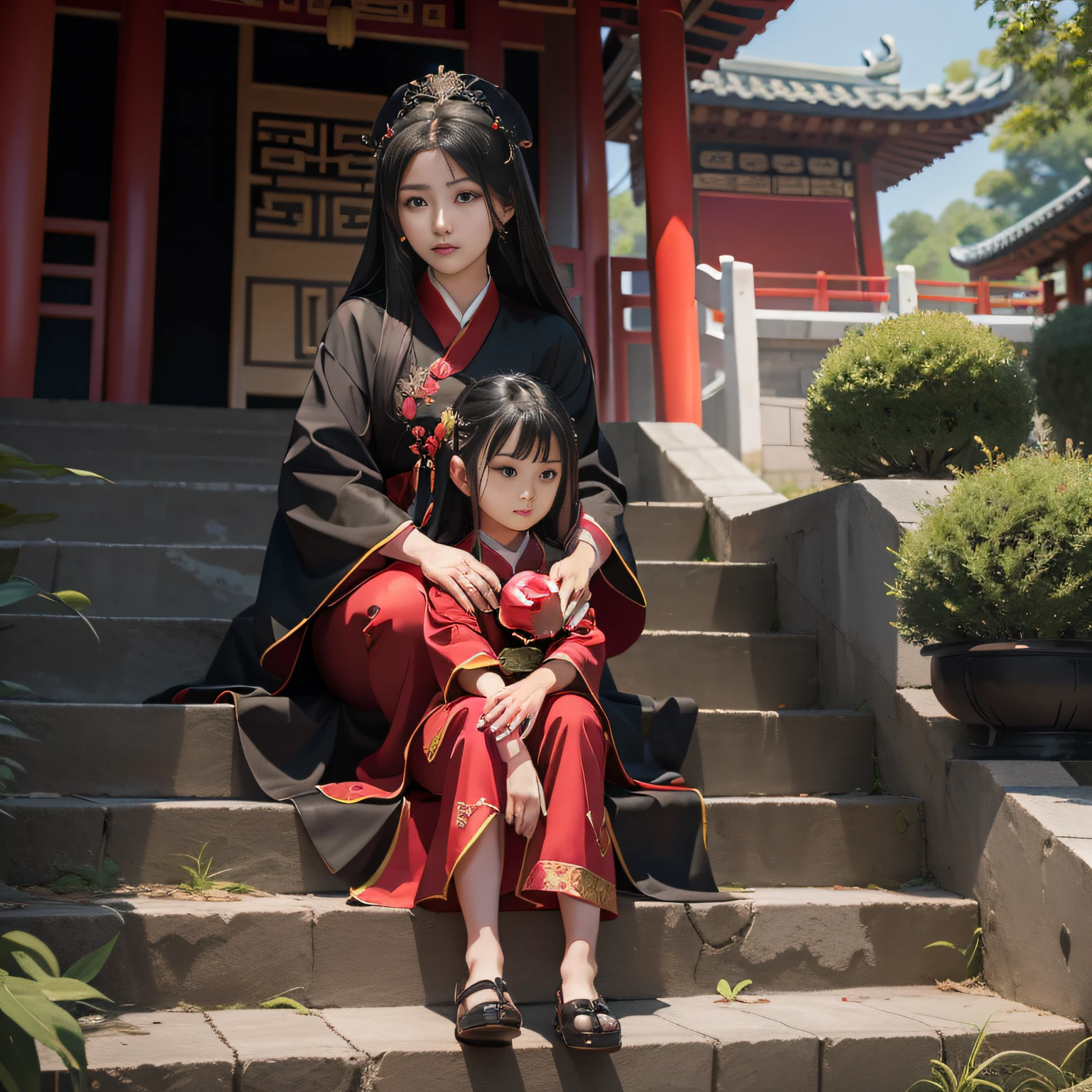 Allafard Asian girl sitting on steps holding a red apple, Young Asian girl, Chinese girl, Palace ， A girl in Hanfu, traditional tai costume, Chinese costume, little boy wearing nun outfit, wearing long black robe, Traditional Chinese clothing, wearing an academic gown, Asian girl, Korean girl, Wearing a black robe, Chinese traditional, tai costume, Chinese style