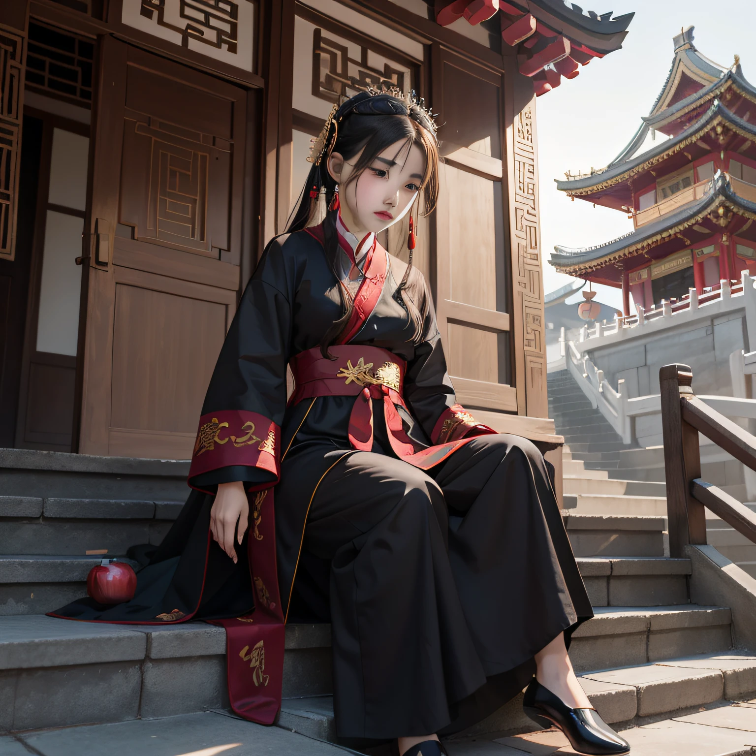 Allafard Asian girl sitting on steps holding a red apple, Young Asian girl, Chinese girl, Palace , A girl in Hanfu, traditional tai costume, Chinese costume, wearing nun outfit, wearing long black robe, Traditional Chinese clothing, wearing an academic gown, Asian girl, Korean girl, Wearing a black robe, Chinese traditional, tai costume, Chinese style