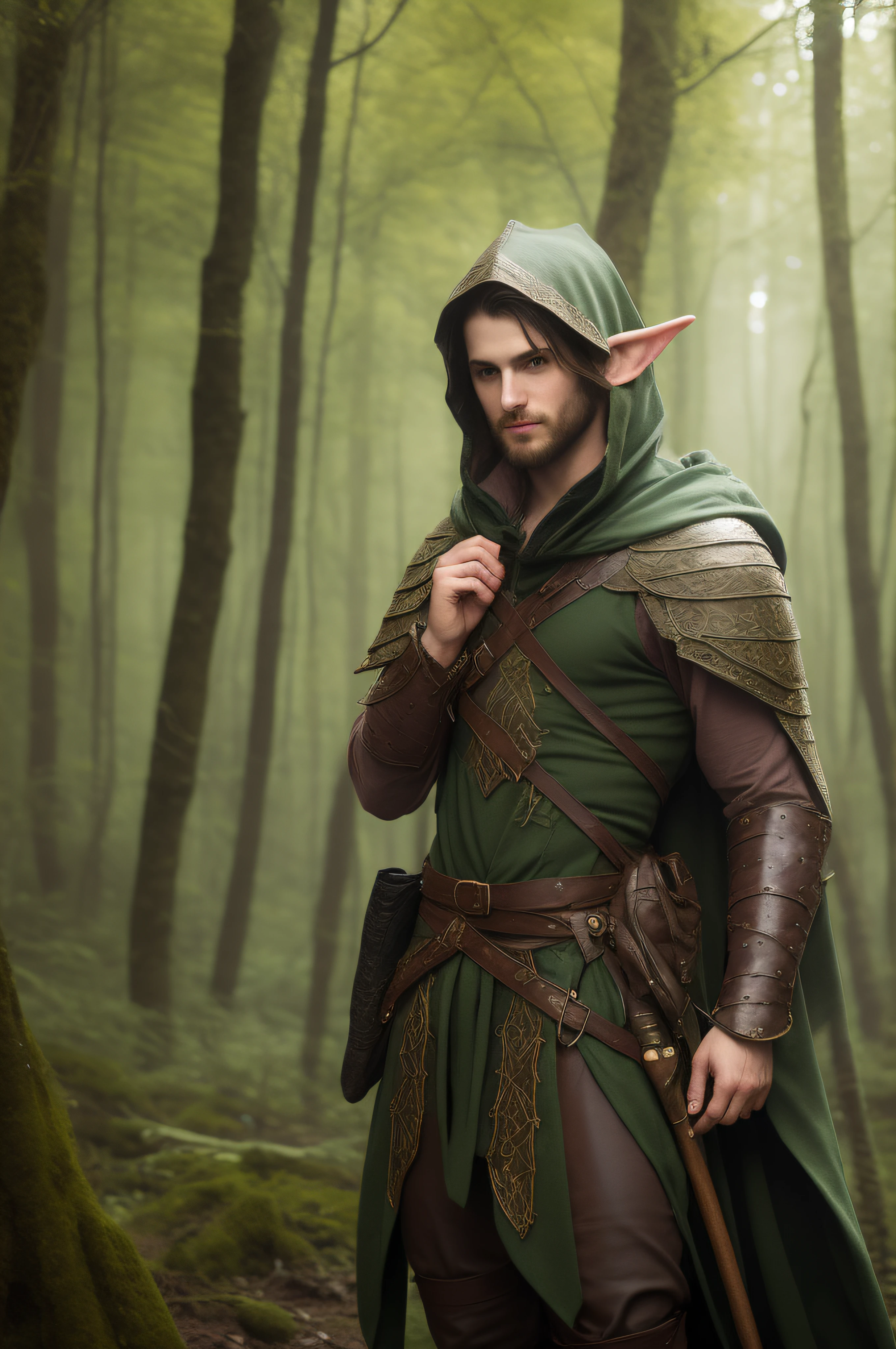 There is a man with a green hood and a brown robe, Elfo Ranger Masculino, elfo masculino bonito, Um retrato de um elfo masculino, um elfo macho, Rio Masculino, duende de madeira macho desonestos, Retrato de um jovem mago elfo, Foto do personagem de fantasia, elven character with smirk, portrait of an elven warrior, Retrato de um mago da floresta