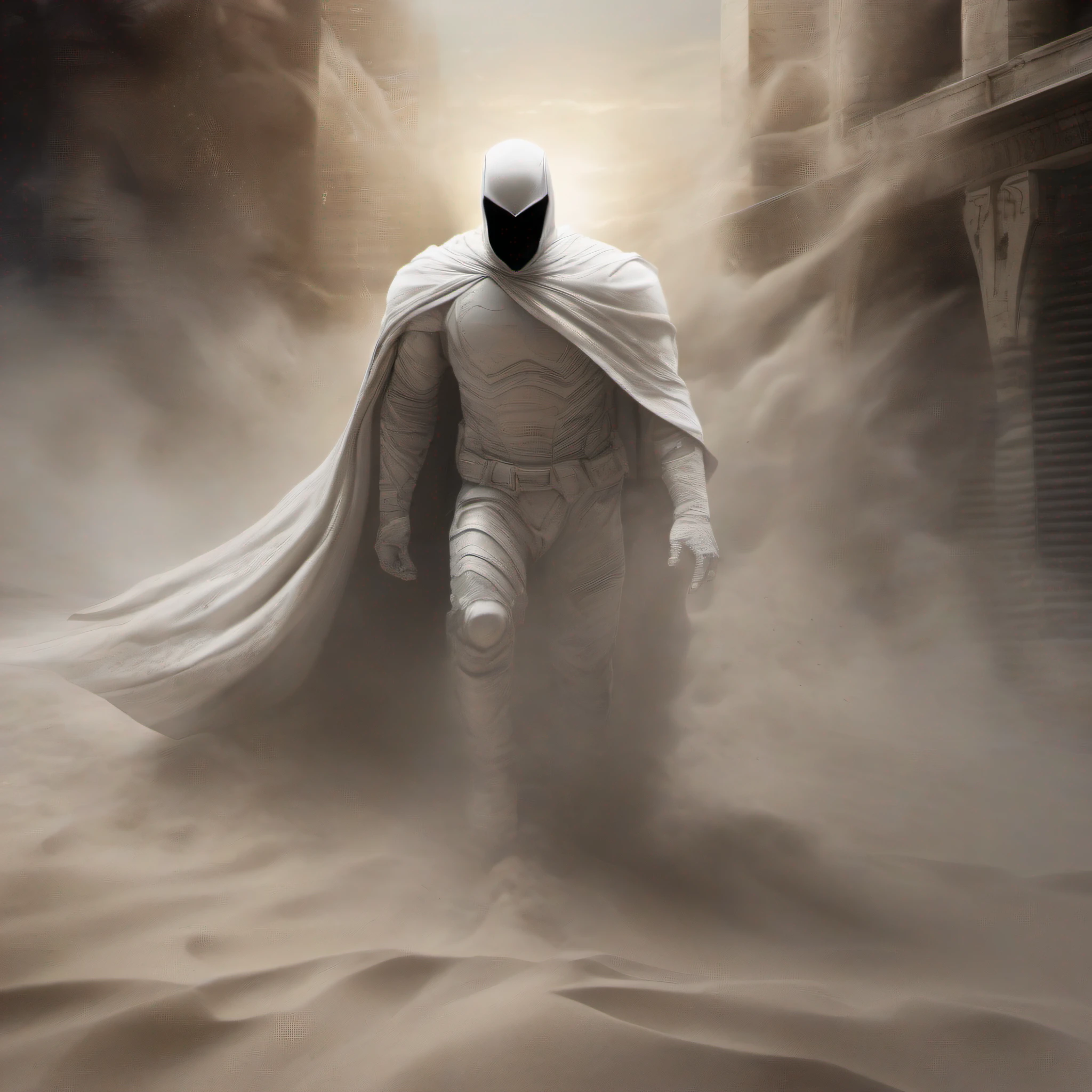 /imagine prompt:  The Moon Knight dissolving into swirling sand, volumetric dust, cinematic lighting, close up portrait –ar 1:2 —q 2