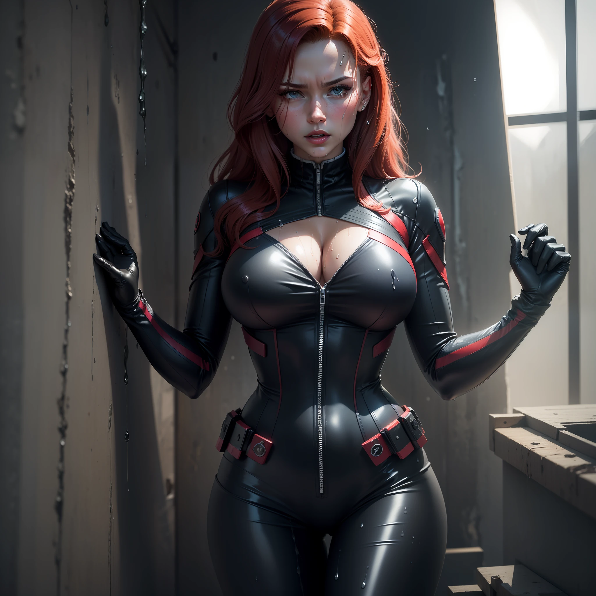 Black Widow with her clothes glued together and all wet