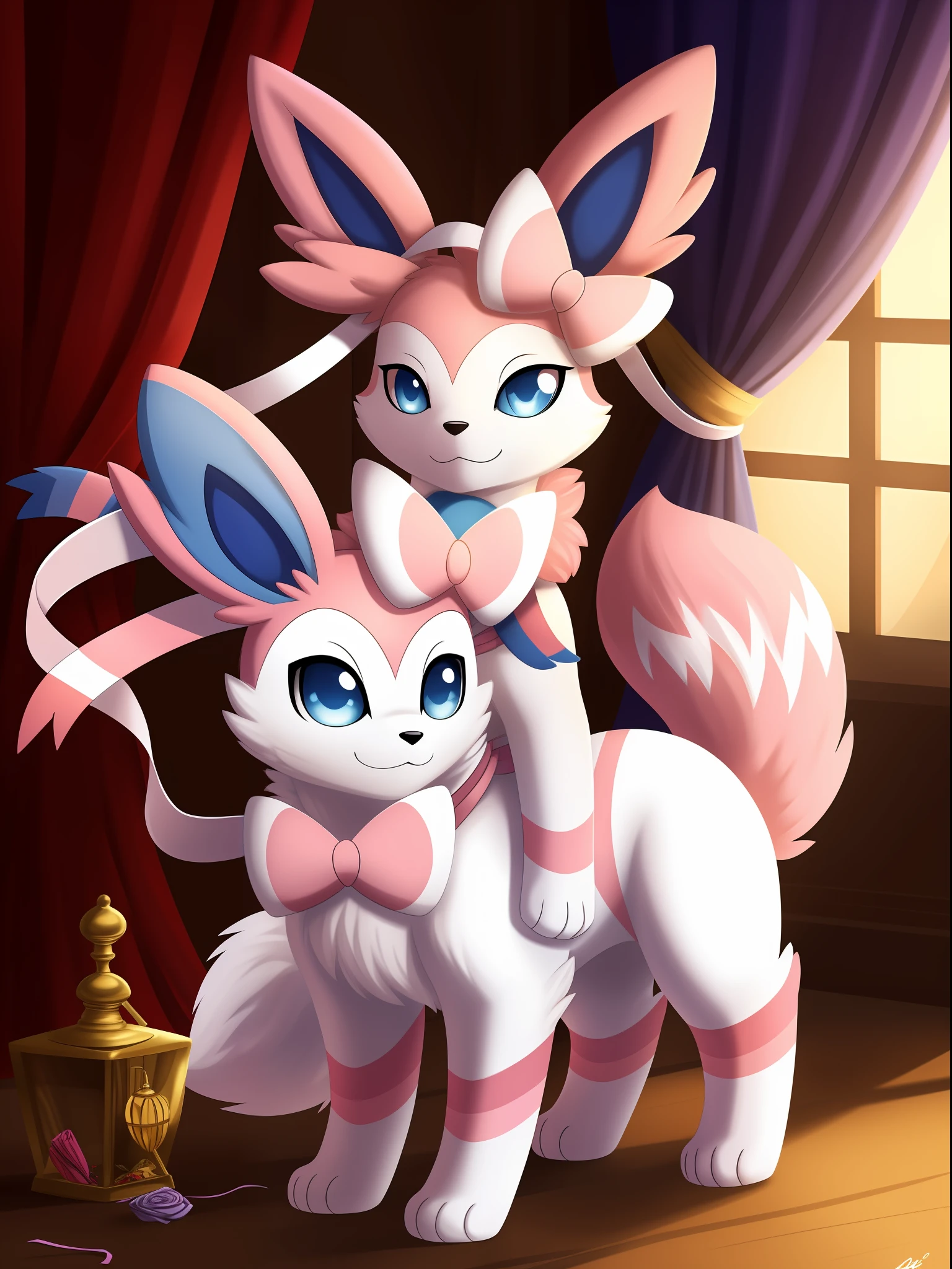 Sylveon is a fox-like pokémon of whitish color.Possui dois "paraphernalia" in the form of loops on your body, deles "saem " Antenas, resembling whitish ribbons, com pontas azuis(Claro e escuro) e rosa.The paraphernalia are located on the neck and one of the pokémon's ears.They have pink details all over their body, como nas patas, on the head and inside the handles.Its tail is pink, assim como suas grandes orelhas.her eyes are blue.It is quadrupedal and has a mammal-like appearance.