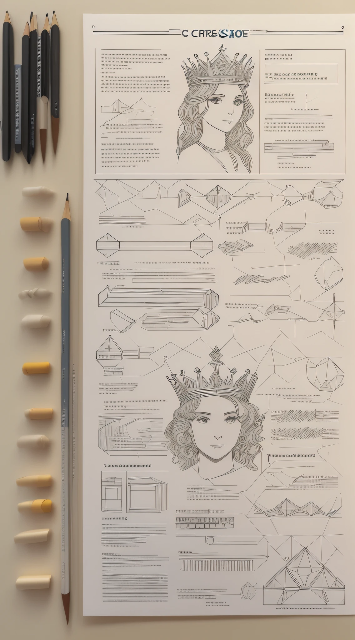 Process of creating a royal crown, coroa da realeza, Parts Description, detailed explanation and description, text, production drawing, documentation, Design Process, realista, qualidade, papel., strokes, rabiscos.