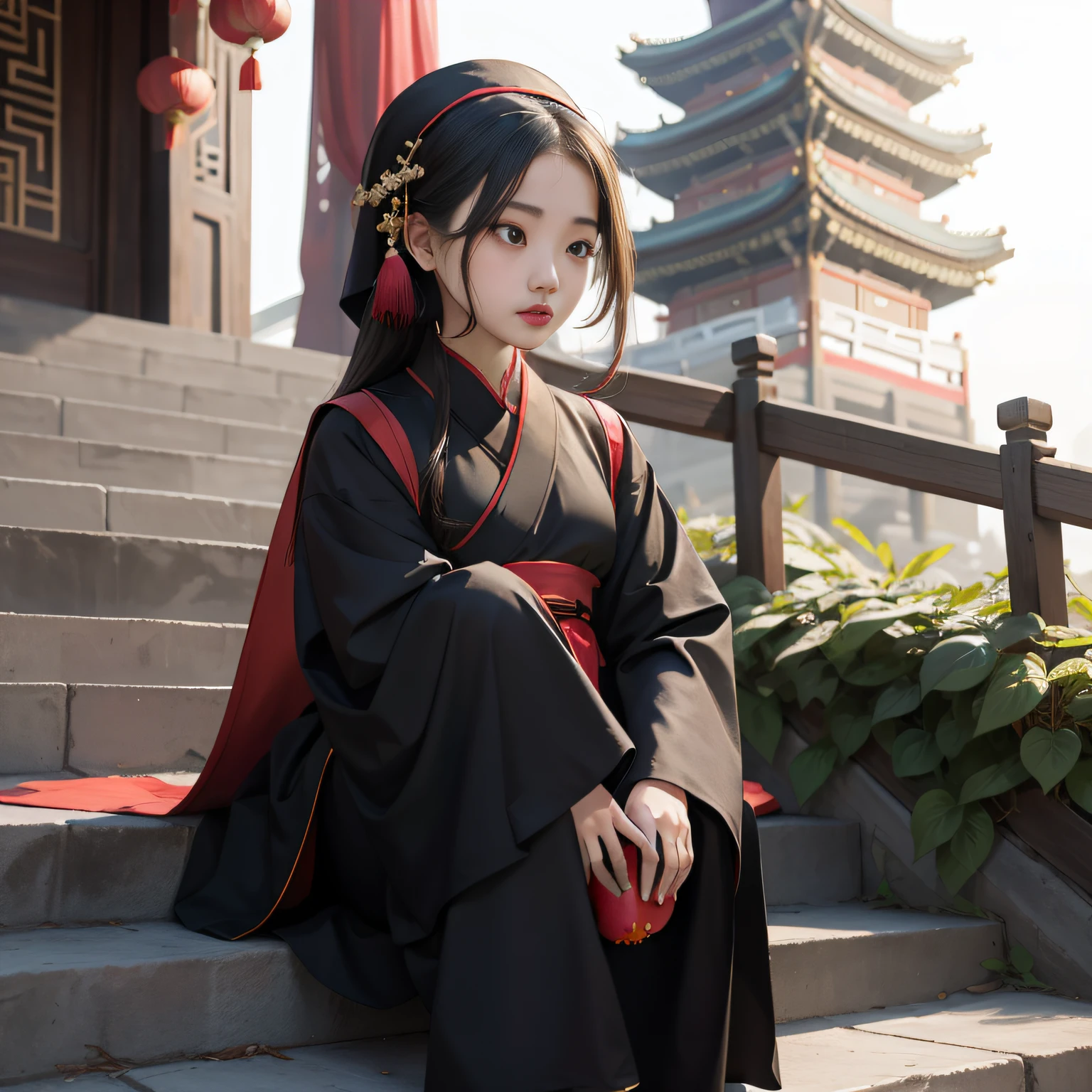 Allafard Asian girl sitting on steps holding a red apple, Young Asian girl, Chinese girl, Palace ， A girl in Hanfu, traditional tai costume, Chinese costume, little boy wearing nun outfit, wearing long black robe, Traditional Chinese clothing, wearing an academic gown, Asian girl, Korean girl, Wearing a black robe, Chinese traditional, tai costume, Chinese style