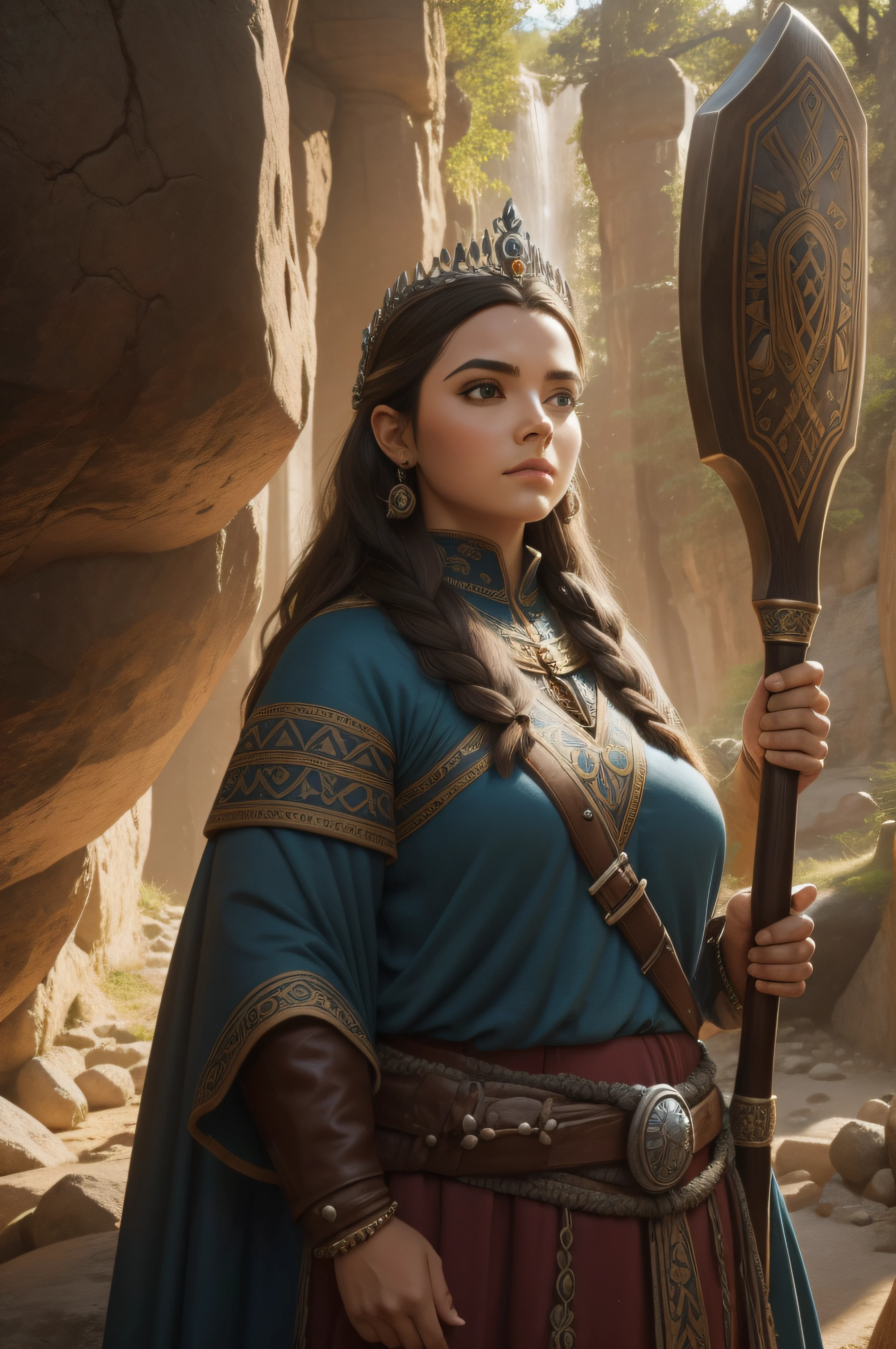 /imagine prompt: The female dwarf queen, com sua longa barba adornada com pedras preciosas, is in his underground realm. It is surrounded by wonders carved into the rock, symbols of its rich history and ancestral wisdom. O calor, The soft lighting enhances his wise expression, while holding your battle axe with confidence. (Estilo: escultura, --AR 16:9 --V 5)
