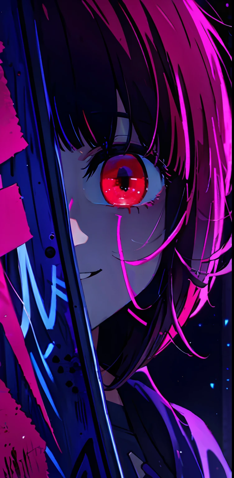 detailed background, masterpiece, best quality, smile, ornament, hoodie, portrait, neon red, graffiti, dark, night, glowing eyes, blacklight