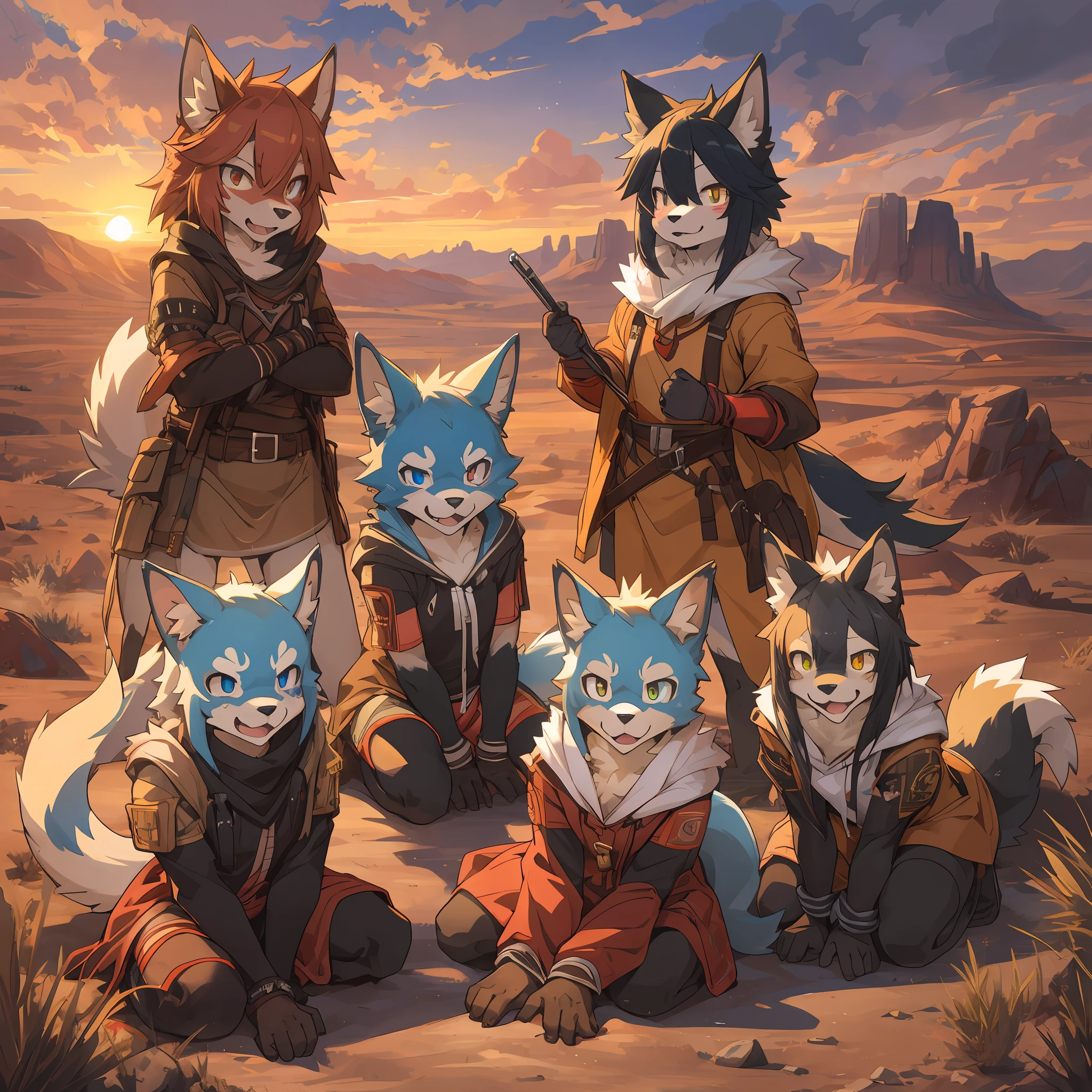 top quality, best quality, High-quality illustrations, masterpiece, super high resolution, detailed background, The desolate and rugged desert landscape at sunset, with the sky turning shades of red and the dry earth stretching into the distance, 6+boys, 6+girls, absurdres(highly detailed beautiful face and eyes)perfect anatomy, expression, good lighting, cinematic shadow(kemono, furry anthro)assorted poses, dynamic angle,