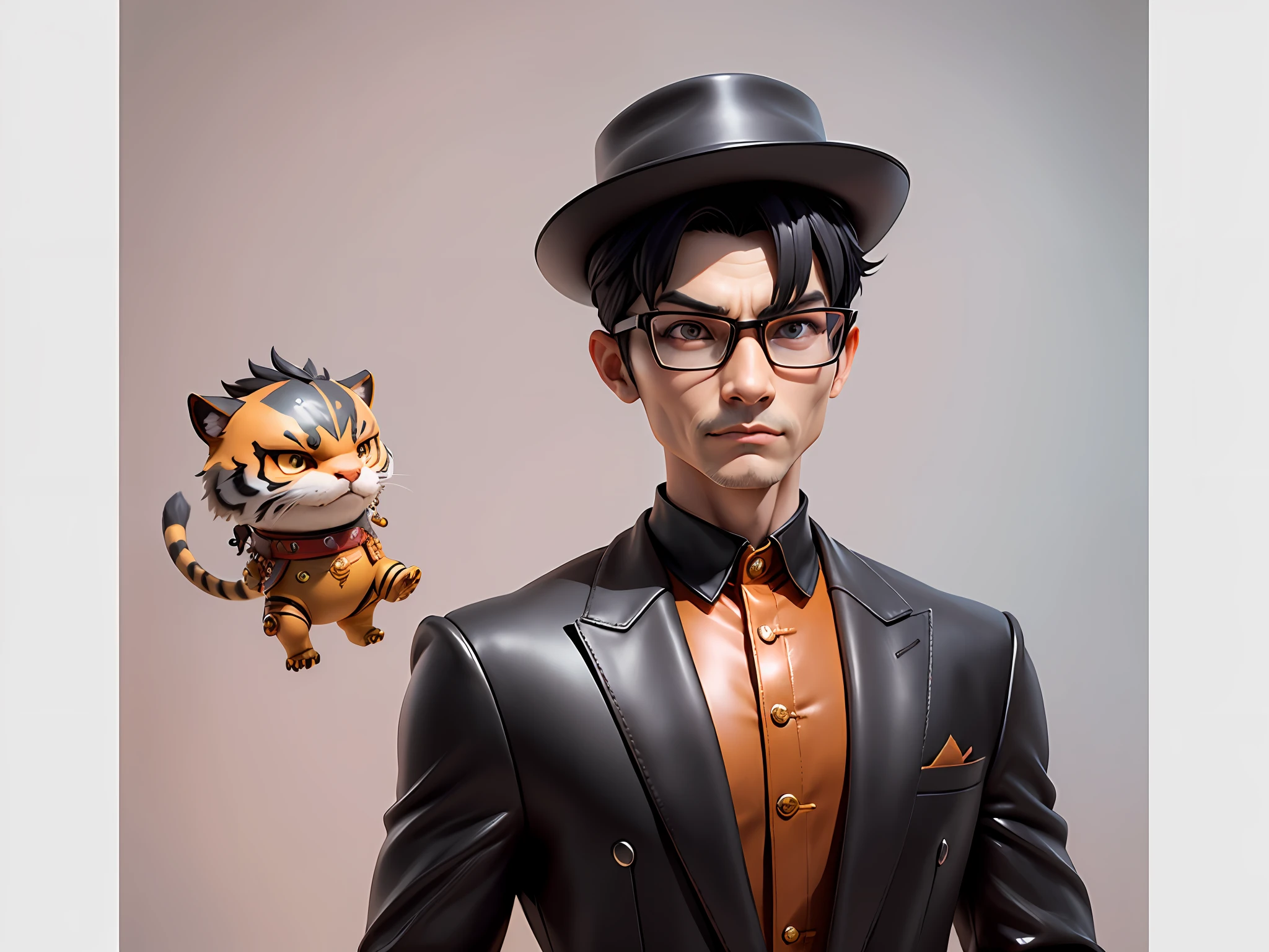 Young man with leather hat, tiger, dragon, oriental face in formal suit, short black hair, silver glasses, digital painting, 3D character design by Mark Clairedon and Pixar and Hayao Miyazaki and Akira Toriyama, the illustration is a high-definition illustration in 4K resolution with very detailed facial features and cartoon-style visuals.