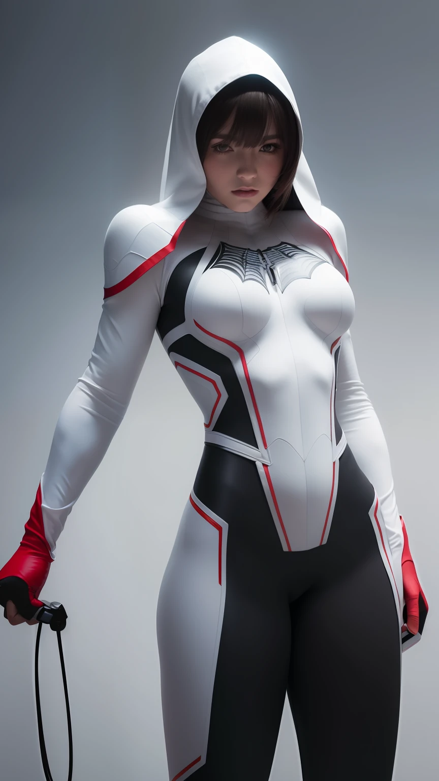 Girl full body shot White Spiderman Suit White and Black Spiderwoman Suit, Futuristic Spider Suit, Female, Advanced Suit, Hooded, Round Chest, full Body, D Size Cup, futuristic urban background, sharp focus, high definition, soft diffuse lighting, chiaroscuro, 16k Ultra HD, Charlie Bowater, John William Waterhouse, Krzysztof Lukasiewicz, Highly detailed portrait, linen canvas, pencil line drawing with colored ink wash, detailed character design,