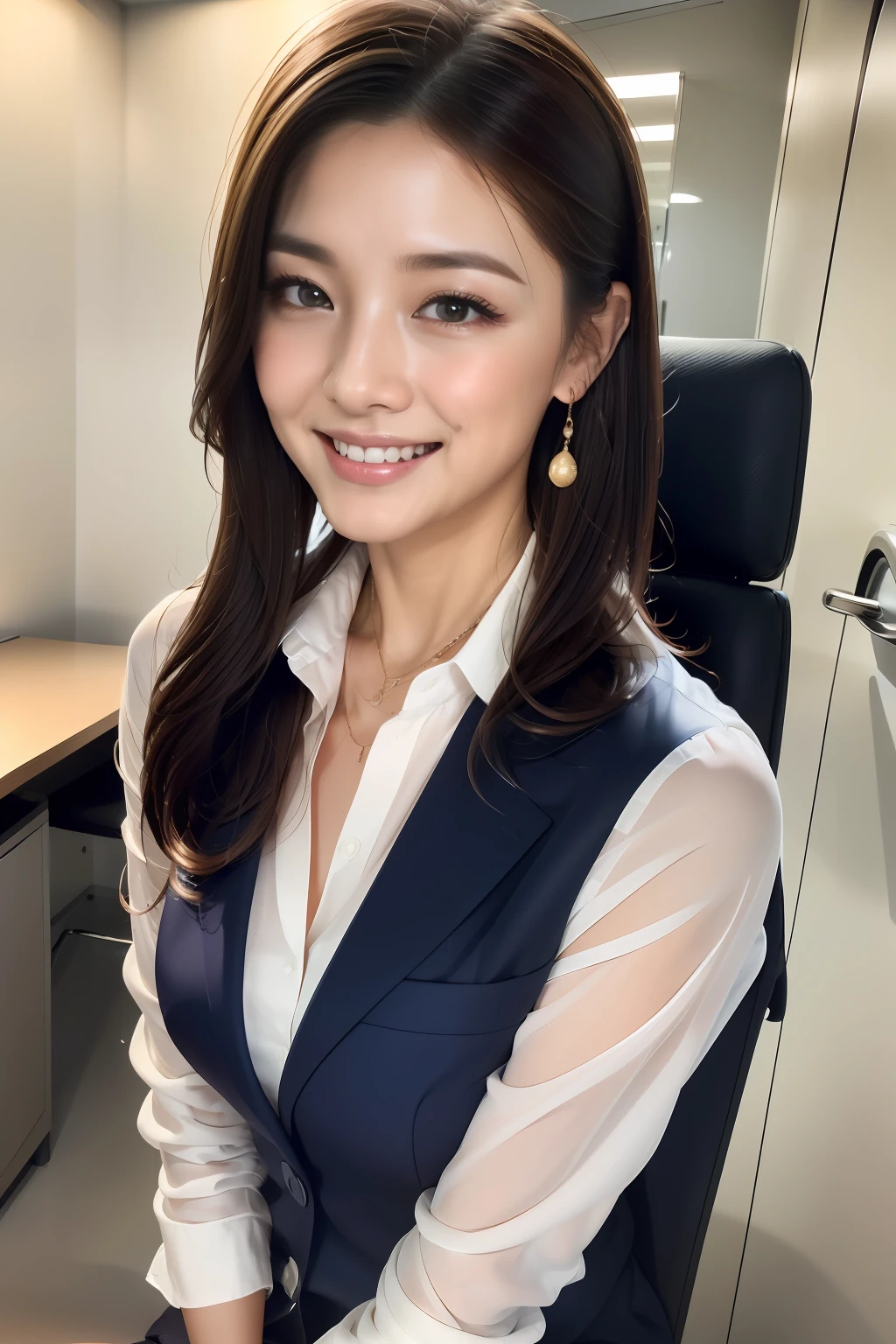 (8K、top-quality、​masterpiece:1.2)、(realisitic、Photorealsitic:1.37)、ultra-detailliert、1girl in、cute little、独奏、Beautiful detailed sky、Detailed Office、natta、sitting on、(blush of the nose)、(A smile:1.15)、(Mouth closed)、Medium chest、beatiful detailed eyes、(shirt with collar:1.1)、natta、wet​、business clothes、Sateen、(shorth hair:1.2)、pureerosface_v1、computers、detail finger、Beautiful Detail Face、((( are visible)))、