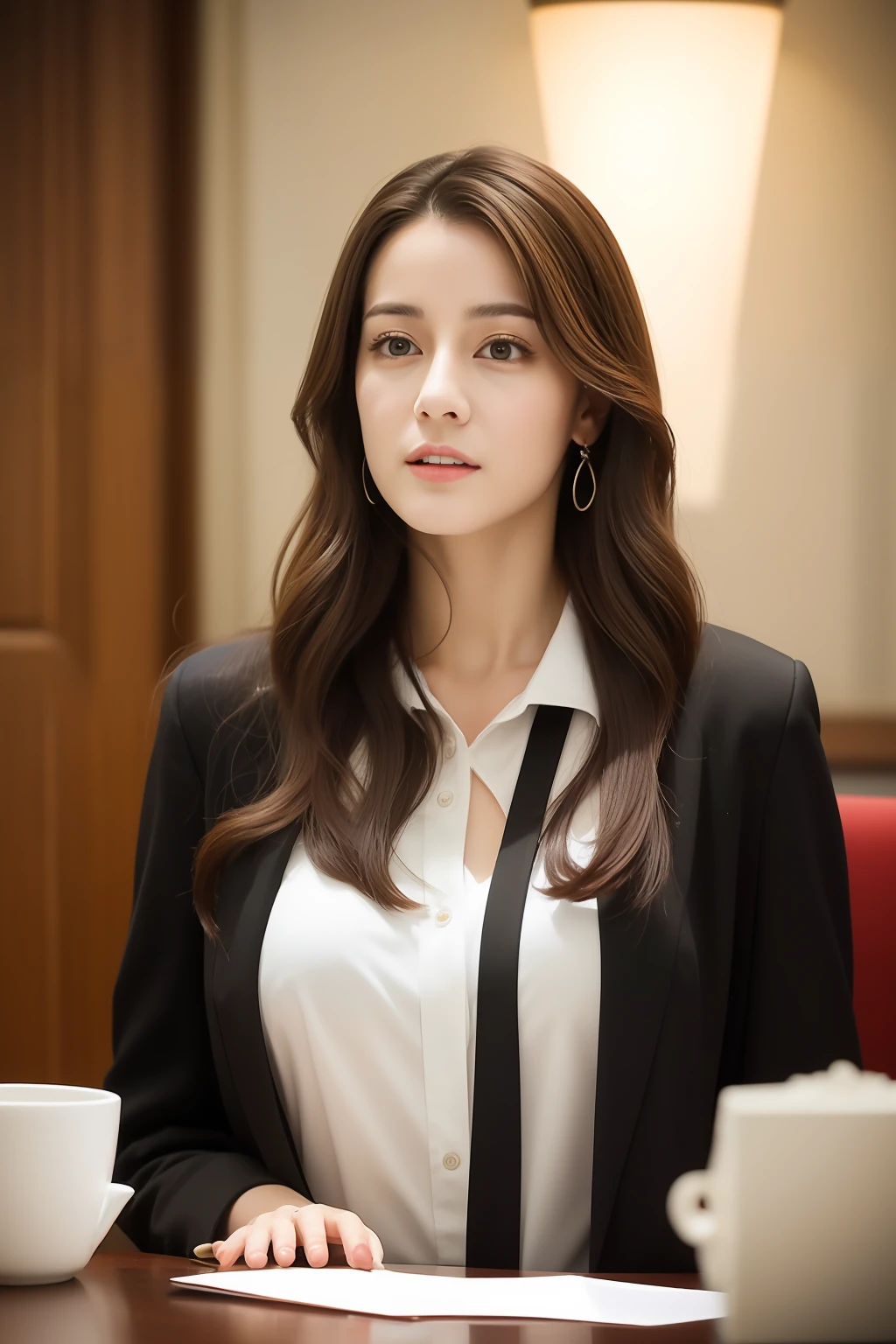 - [ ] photorealistic:1.37, masterpiece, best quality, raw photo, absurdres, uhd, 1girl, wavy hair, brown hair, seductive , looking at viewer, in the large meeting room of the office in the high tower office building in  Tokyo ,Tokyo tower,intricate detail, detailed background, detailed skin, pore, highres, hdr , presentation to ten men , beautiful model, soft light to the face,JP_MODELS,white shirts uniform , midium breasts, a 30 yo woman