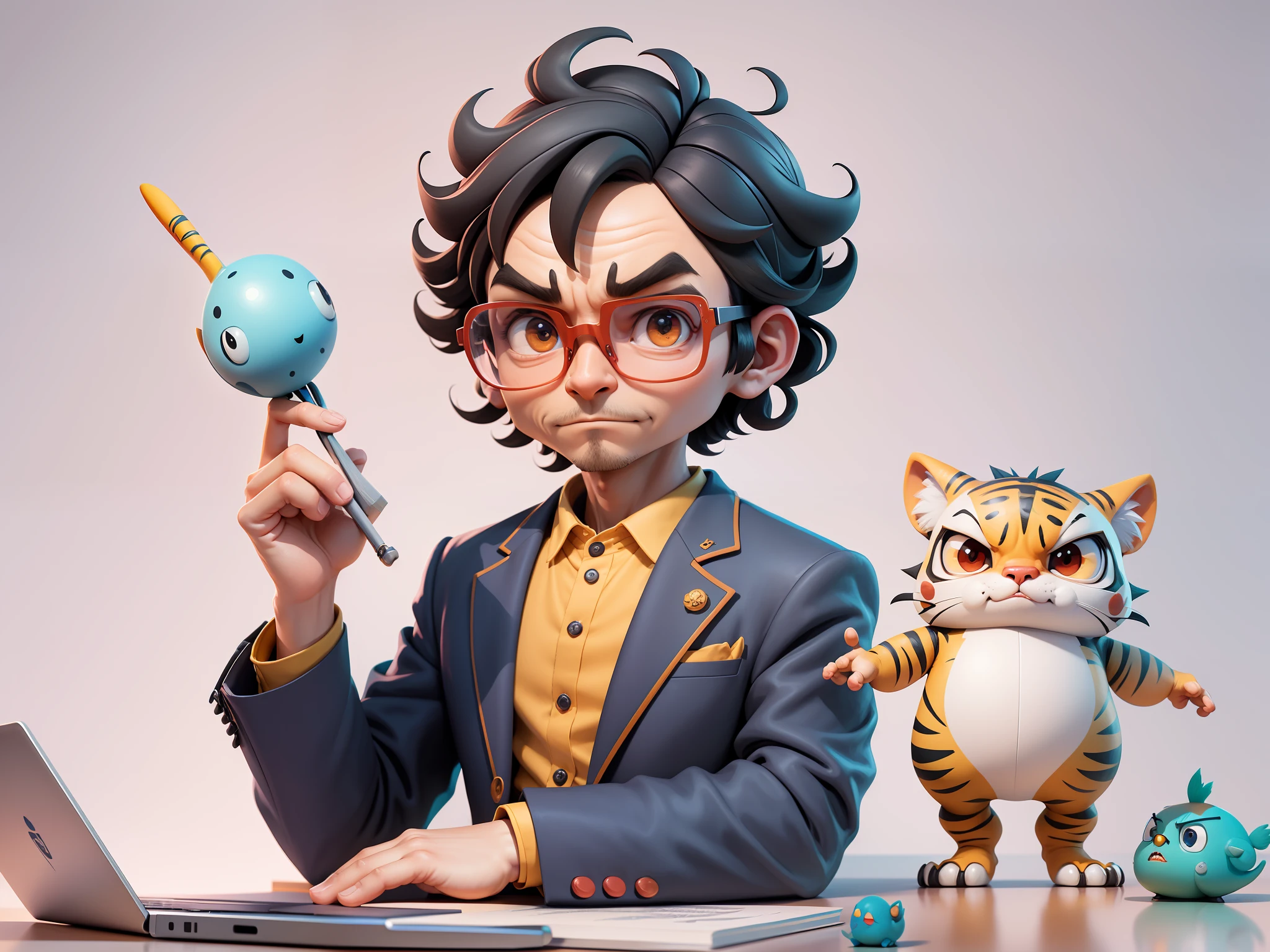 A young man in a suit, Short hair and glasses sat at his desk,holding laptop,digitial painting,tigre,3D character design by Mark Clairen and Pixar and Hayao Miyazaki and Akira Toriyama,4K HD illustration,Very detailed facial features and cartoon-style visuals。