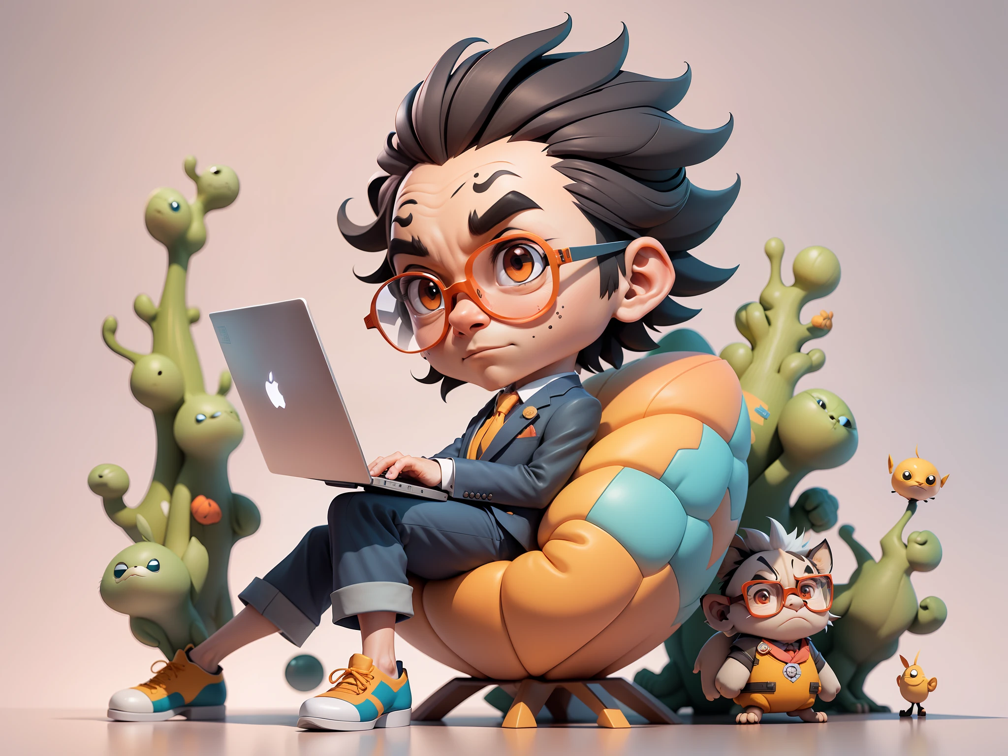 A young man in a suit, Short hair and glasses sat at his desk,holding laptop,digitial painting,tigre,3D character design by Mark Clairen and Pixar and Hayao Miyazaki and Akira Toriyama,4K HD illustration,Very detailed facial features and cartoon-style visuals。