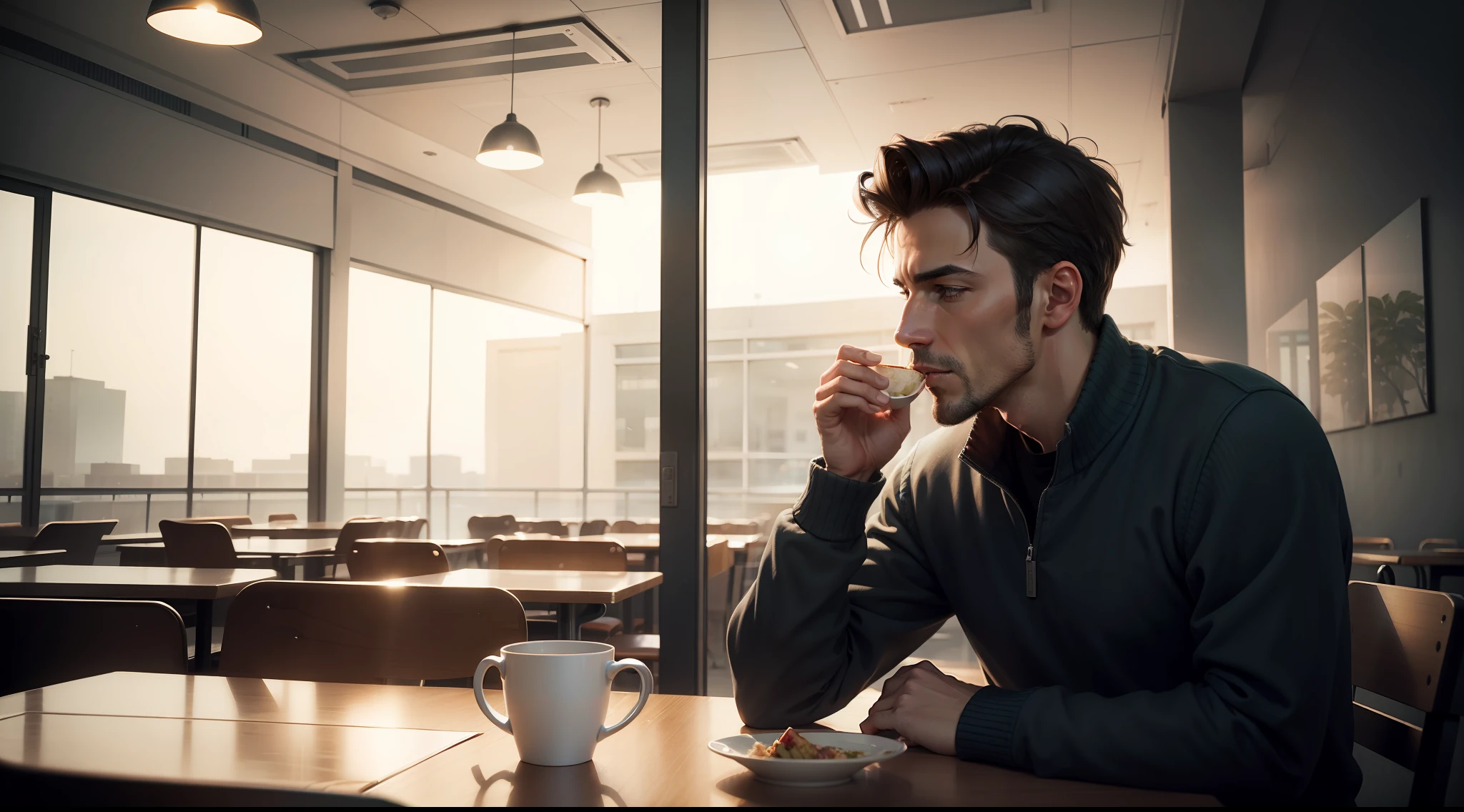 A lonely man eating in a cafeteria