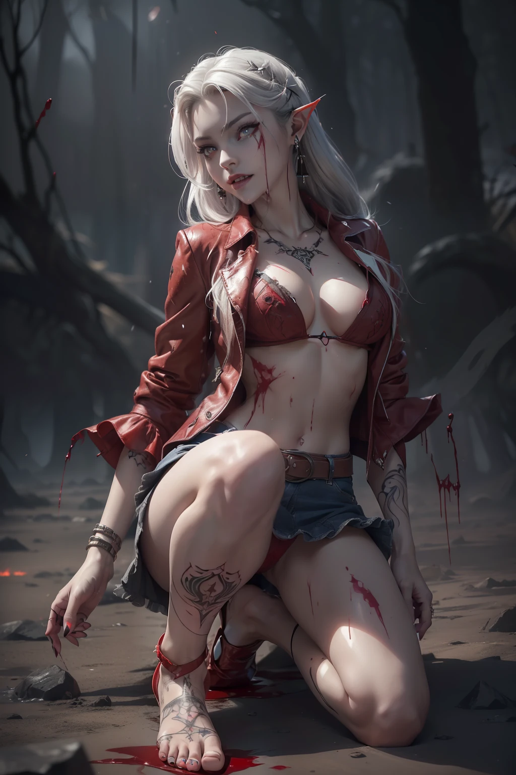 (Ashenhardt style:1.4), Masterpiece, Best quality, High quality,(Red eyes with dark red glow), (in profile), Abstraction, Deep Sea, Award-winning photography, Depth of field, HDR, Very detailed, Trending in art station, Trending in CGsociety, Complex, High detail,(Masterpiece: 1.2, highest quality), (Best lighting, very delicate and beautiful), (Best lighting, Very delicate and beautiful), (beautiful detailed face), (detailed eyes and detailed face:1.2), dark fantasy, (young girl, more than one girls, crazy smile, pale skin,G cup,cleavage,19 piercings,((tattoo all over body,tribal tattoo all over foot)) gray hair, red glowing eyes, dynamic angle, vampire), ((back art paint on the ground, pointy_ears, fangs, blood on face, blood rain, blood mist, (depth of field),high contrast,(blood splash:1.4),cowboy shot,full body, colorful poses,((Uniform,Blazer,Ruffled miniskirt,Light colored panties:1)),Cowboy shot,Denim jacket, really short clothes, visible pussy, NSFW