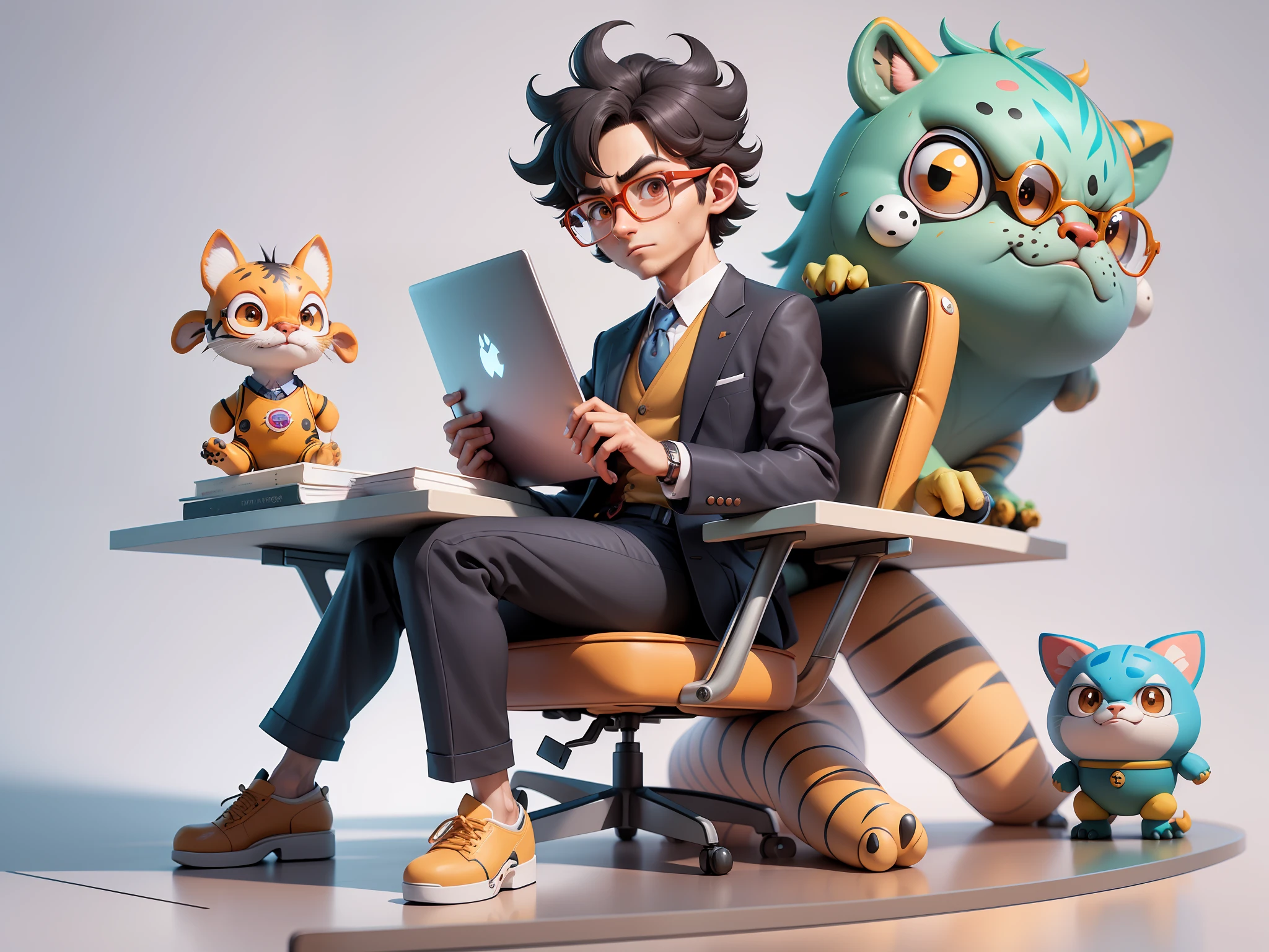 A young man in a suit, Short hair and glasses sat at his desk,holding laptop,digitial painting,tigre,3D character design by Mark Clairen and Pixar and Hayao Miyazaki and Akira Toriyama,4K HD illustration,Very detailed facial features and cartoon-style visuals。