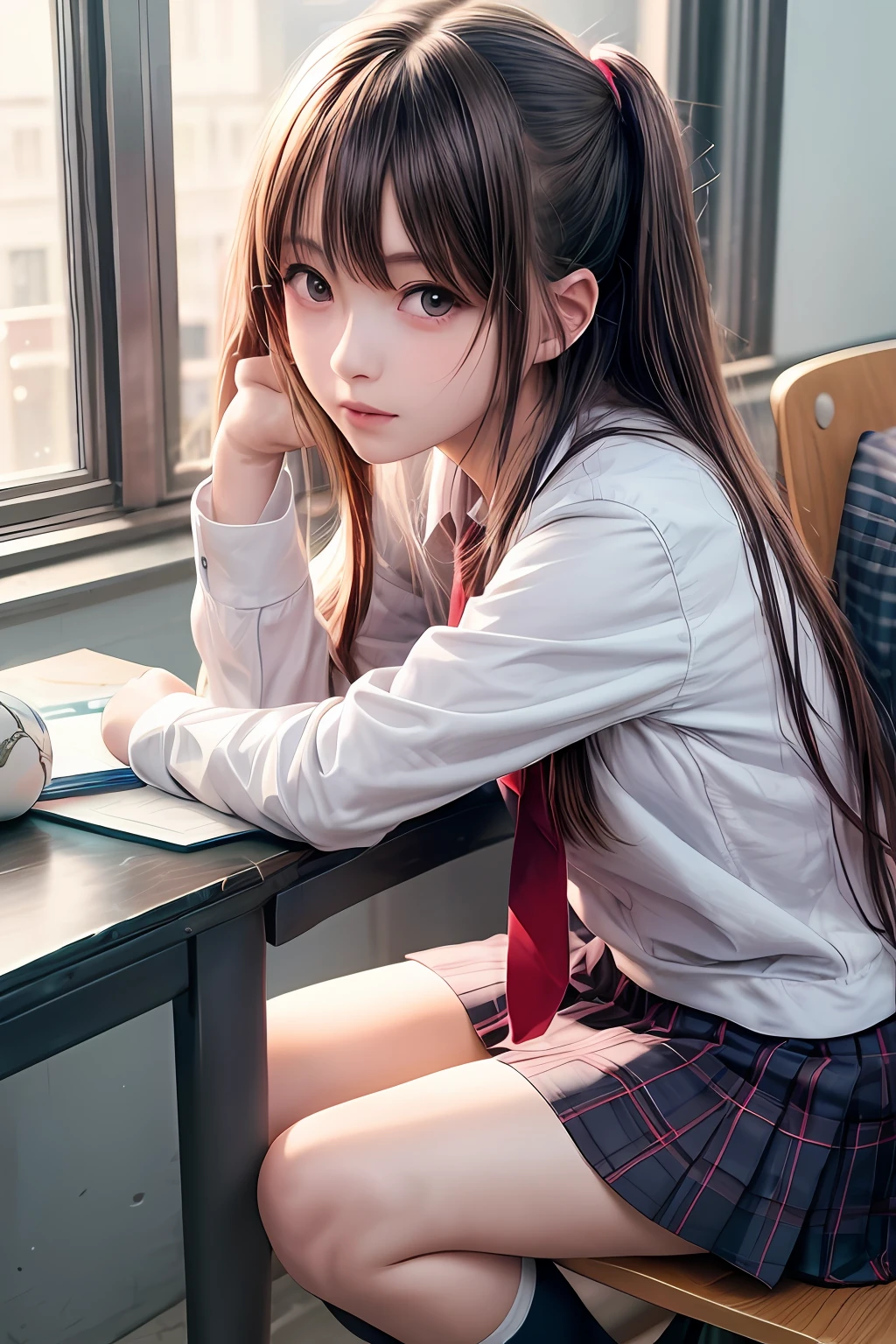anime girl sitting on a desk with her legs crossed, seductive anime girl, hyperrealistic schoolgirl, a hyperrealistic schoolgirl, attractive anime girl, beautiful anime high school girl, anime. soft lighting, beautiful anime girl squatting, anime girl, cute anime girl, beautiful alluring anime , realistic schoolgirl, beautiful anime girl, smooth anime cg art, anime girls