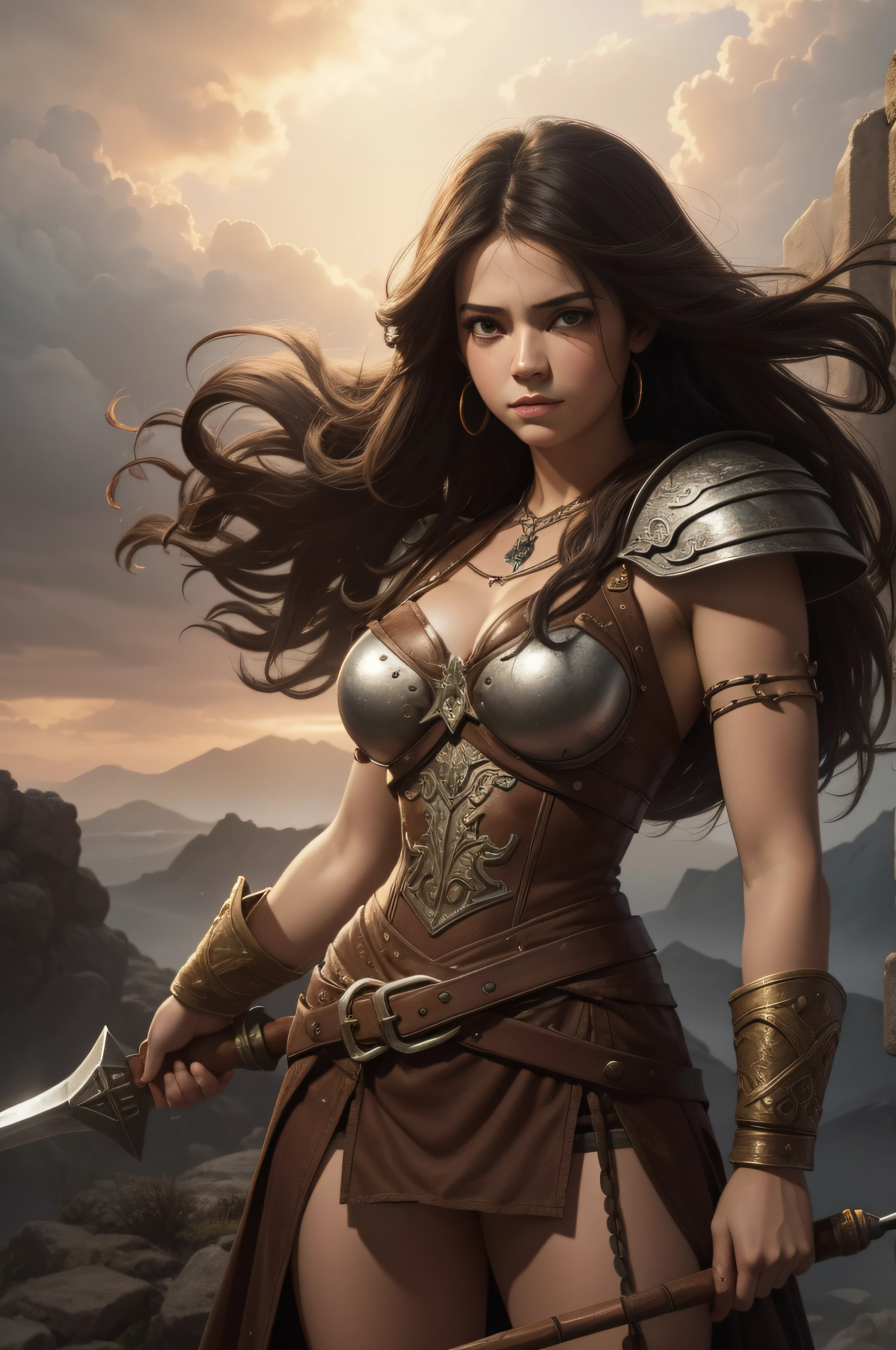 A young barbarian woman with a large battle hammer,, corpo inteiro, fundo neutro, olhando para o horizonte como se estivessem prestes a entrar em batalha. With the camera at ground level, This is a digital illustration, with cinematic lighting, Ultra HD | |, 4D, fotorrealista, fantasia, emotional expression, Romantic Costume, criado usando software de pintura digital em um estilo realista. The illustration has high resolution, dramatic lighting, e uma atmosfera intensa, resembling a cinematic reference. Art is a mix of media tools, featuring a surreal style with medium resolution and warm lighting, criando uma atmosfera sonhadora e fantasiosa.(Directed by: Jean Dubuffet)