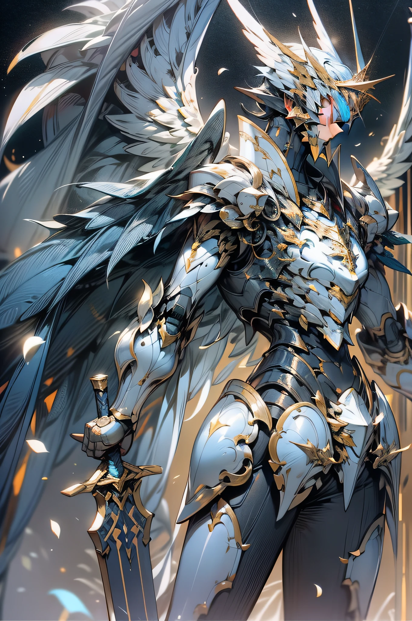 Arad image of a robot with wings and holding a glowing blue elegant symmetrical sword, from Ark Night, Armor Angel with Wings, Ark Night, glossy white armor, Archangel, Alexander Fira white mech, Raymond Swanland style, white armor, albedo of anime overlord, gunnier, detailed white armor, mecha wings