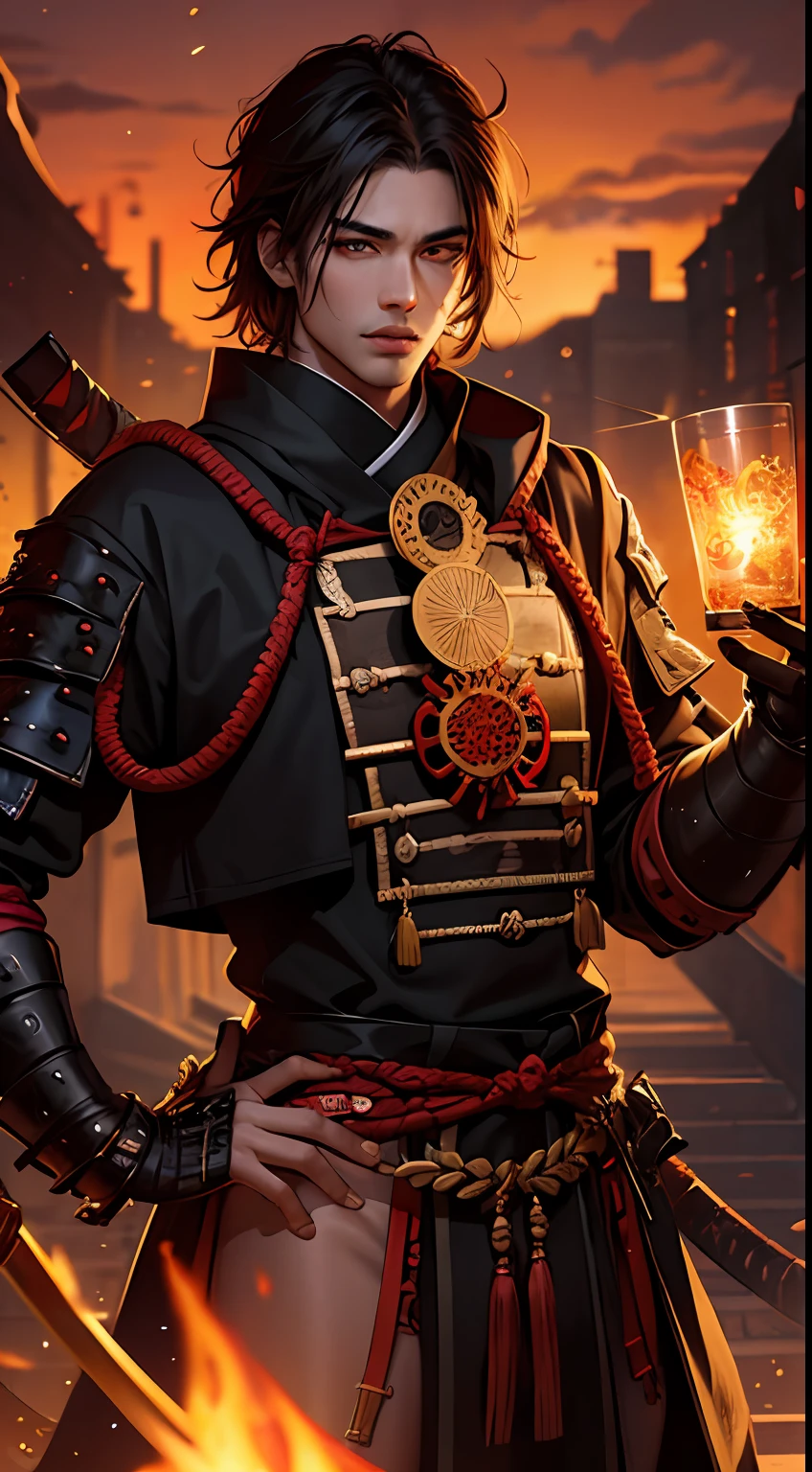 Male handsome demon samurai with sexy face glowing eyes in moroccan kingdom of hell
