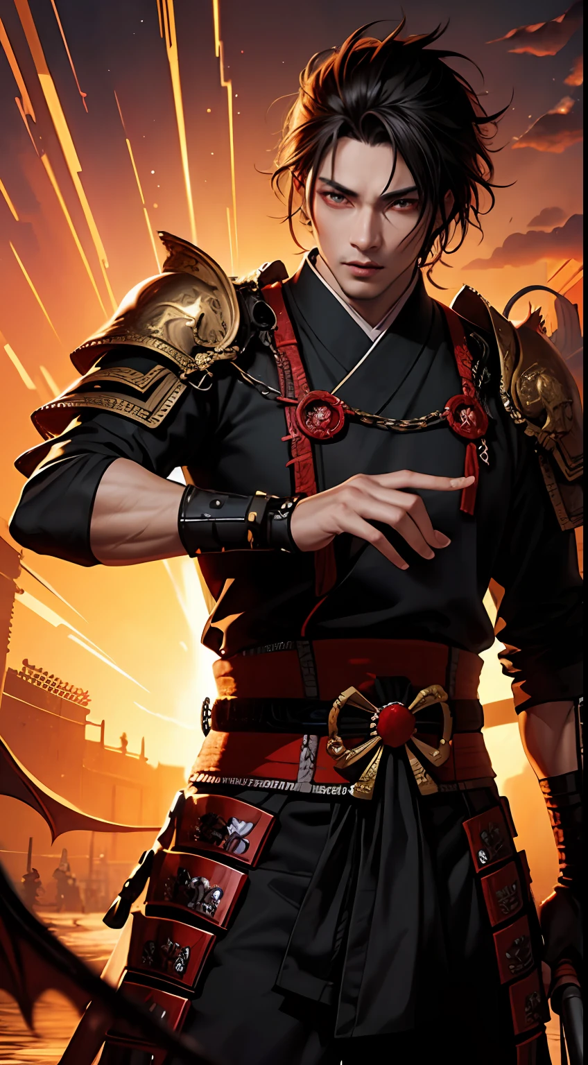 Male handsome demon samurai with sexy face glowing eyes in moroccan kingdom of hell