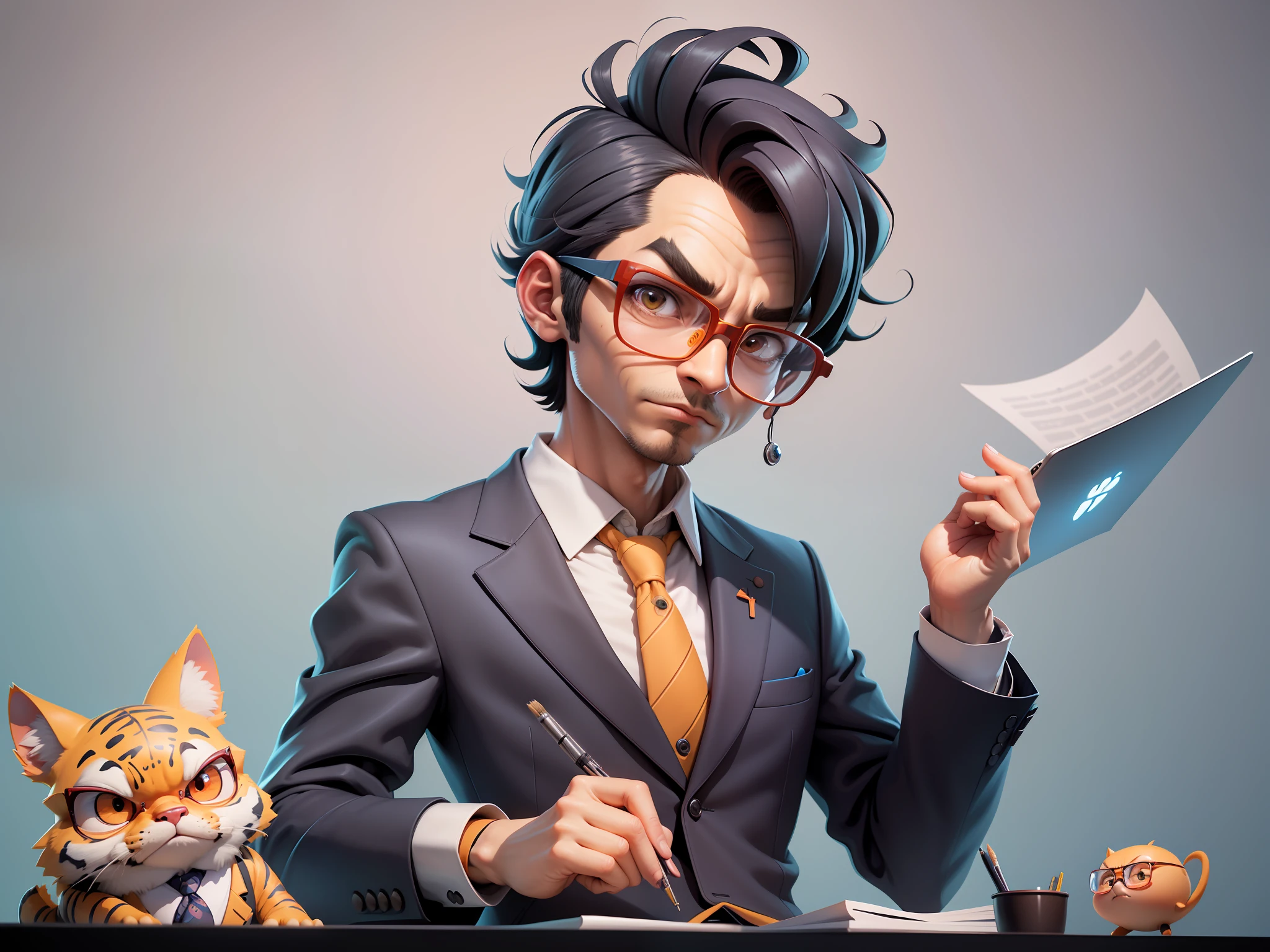 A young man in a suit, Short hair and glasses sat at his desk，holding laptop，digitial painting，tigre，3D character design by Mark Clairen and Pixar and Hayao Miyazaki and Akira Toriyama，4K HD illustration，Very detailed facial features and cartoon-style visuals。