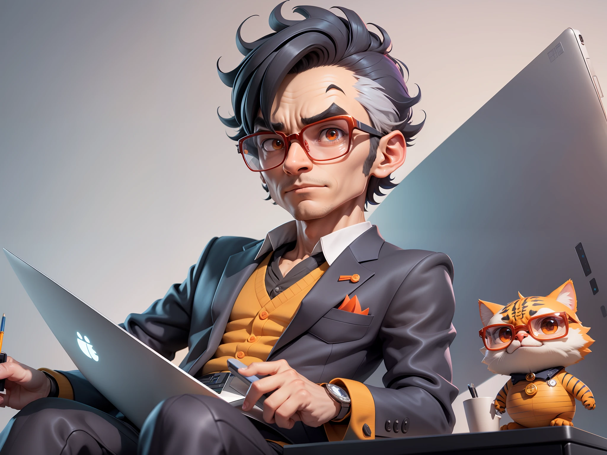 A young man in a suit, Short hair and glasses sat at his desk，holding laptop，digitial painting，tigre，3D character design by Mark Clairen and Pixar and Hayao Miyazaki and Akira Toriyama，4K HD illustration，Very detailed facial features and cartoon-style visuals。