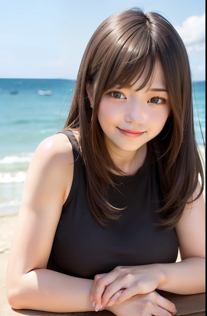 top-quality、masterpiece、超A high resolution、(Photo Real:1.3)、Pretty women、slender figures、dark brown hair、tshirts、the beach、Highly detailed facial and skin texture、A detailed eye、二重まぶた、A big smile、fully body photo、135mm lens、F / 1.8、AccentLighting、in 8K