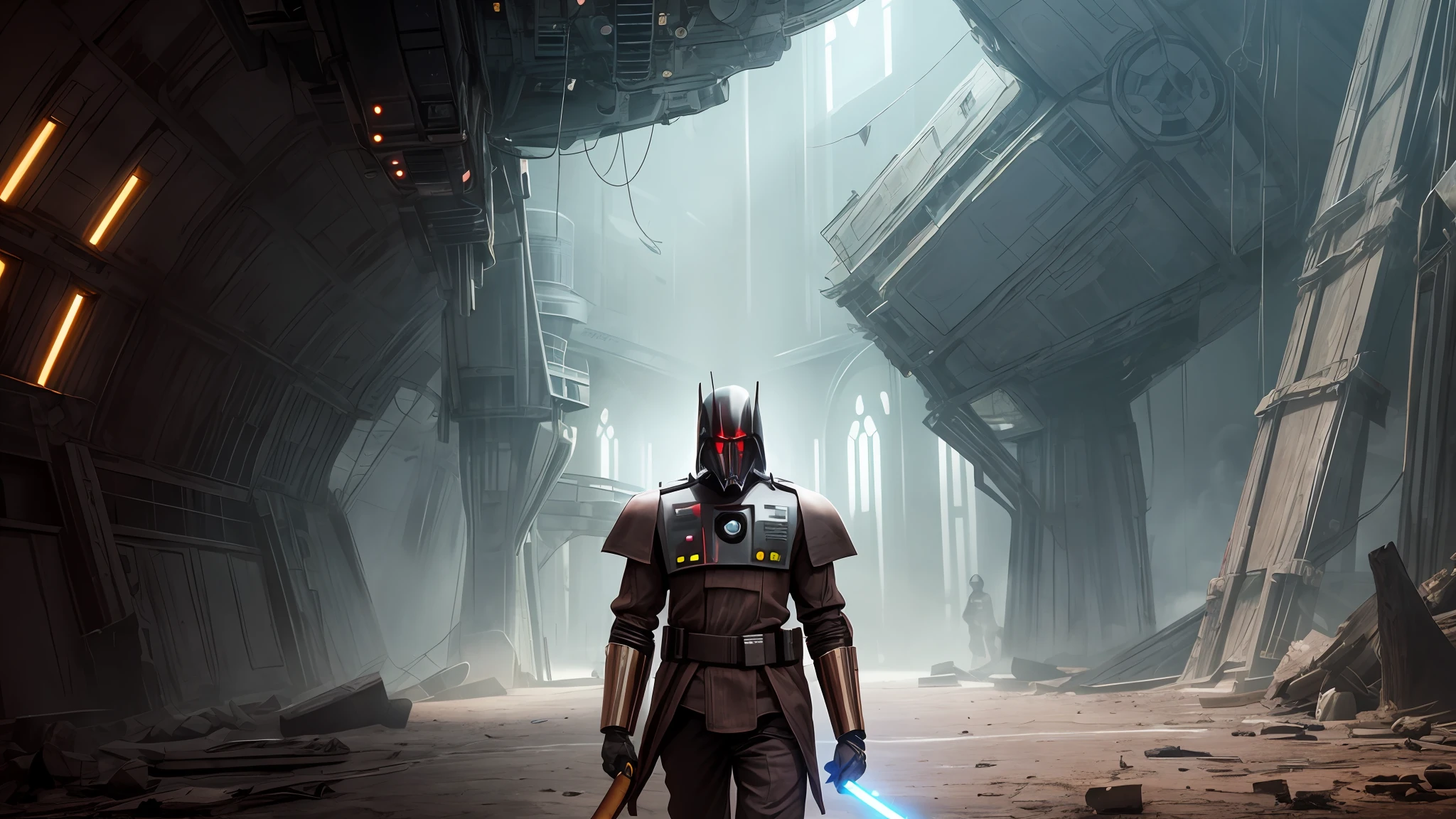 Cinematic photography, old robot set in the movie Stars Wars, he is wearing brown clothes, dramatic environment and very harsh dark shadows inside a spaceship, he is carrying a wooden scepter in his right hand, Sony ZV-EI Camera, s700 -- c 5 --auto --s2