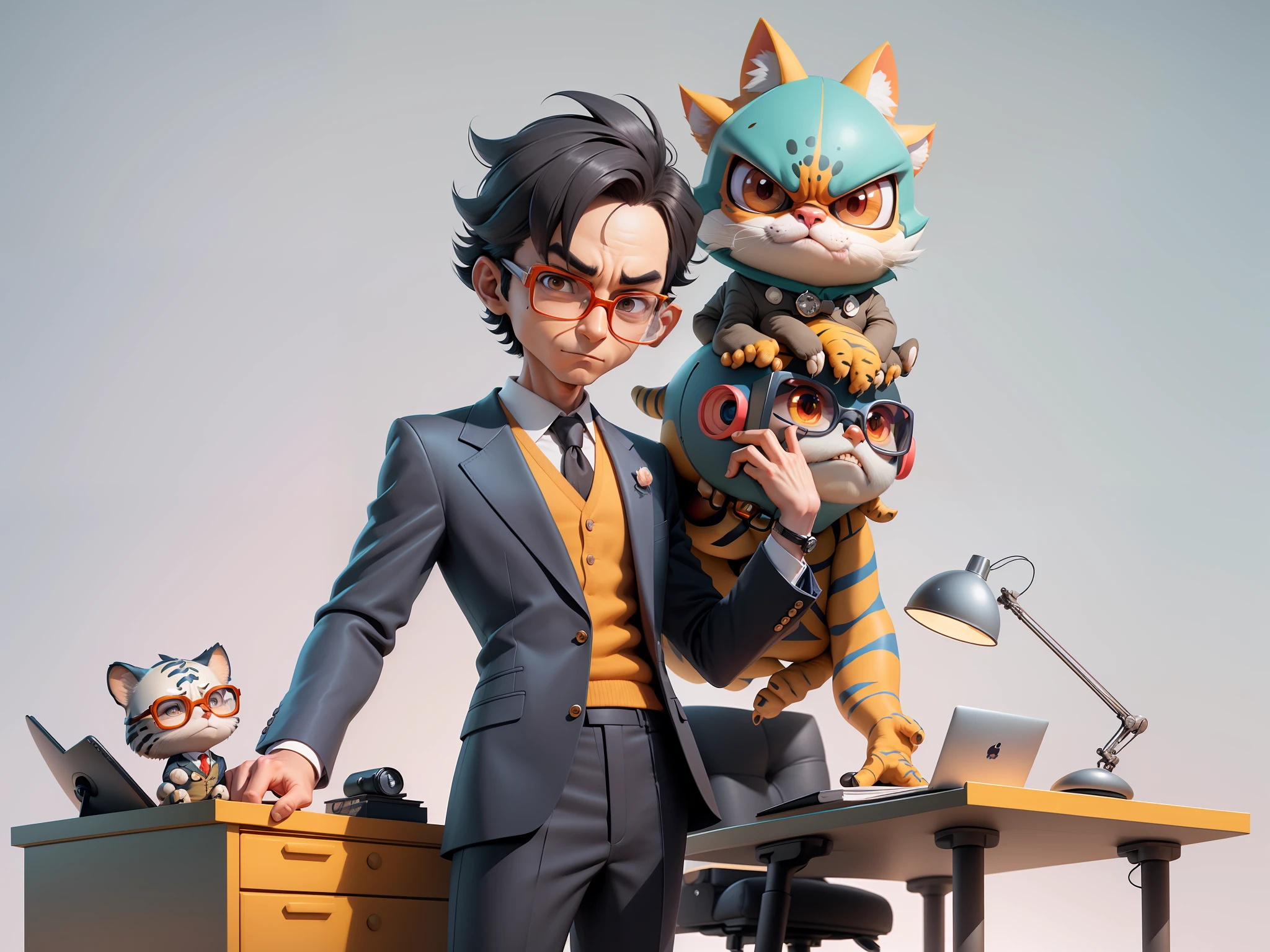 A young man in a suit, Short hair and glasses sat at his desk，holding laptop，digitial painting，tigre，3D character design by Mark Clairen and Pixar and Hayao Miyazaki and Akira Toriyama，4K HD illustration，Very detailed facial features and cartoon-style visuals。
