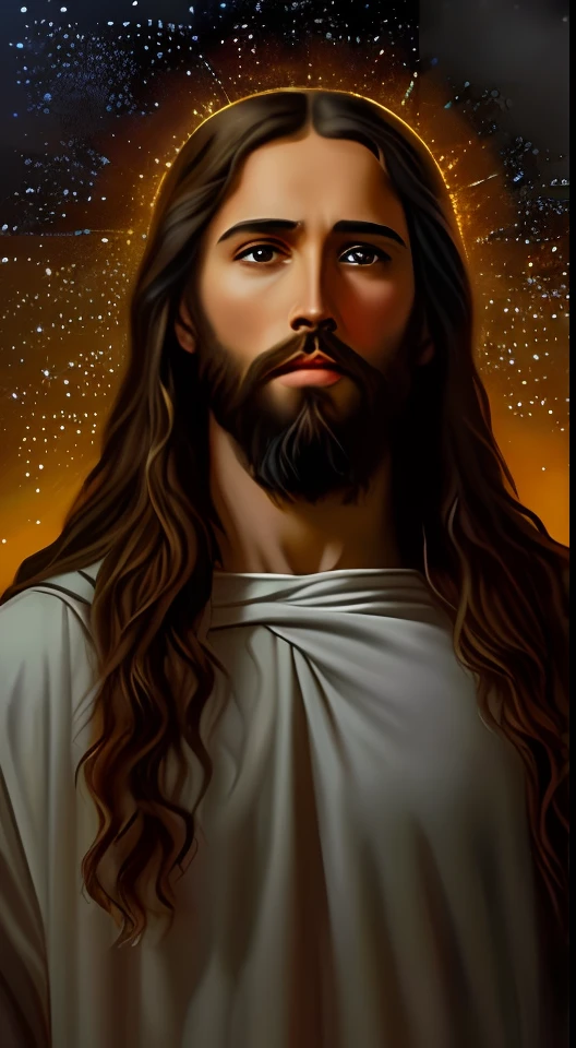 jesus with long hair and beard standing in front of a dark sky, jesus christ, portrait of jesus christ, jesus face, young almighty god, greg olsen, gigachad jesus, jesus of nazareth, christian art, dressed like jesus christ, jesus, the lord and savior, catholic religious art, profile pic, religious painting, profile photo, god looking at me