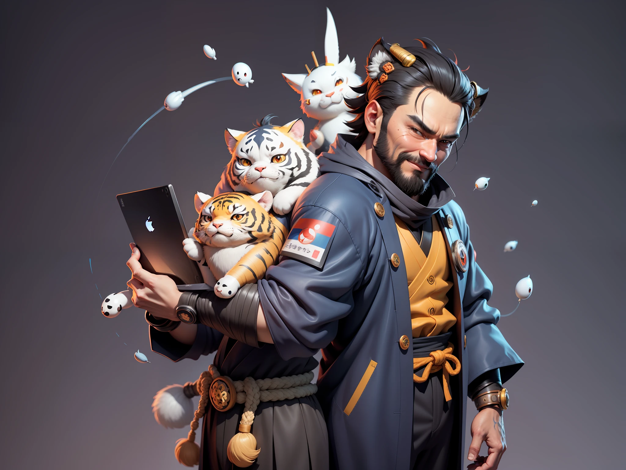 (Daisaku),(Need),(Super meticulous),(full bodyesbian:1.2),Super young man with Japanese geisha，Beautiful，orient，one tiger，Aeolian Thor，Raised sexy，爆乳，Oriental face，TV Anchor，Bust portrait illustration，In black suit，a blue tie，The face is slightly chubby，The face was clean，without a beard，Black super short hair，Black eyes，Smile confidently，3C computer sub-products，iPad， iphone，Digital painting，3D character design by Mark Clairen and Pixar and Hayao Miyazaki and Akira Toriyama，The illustration is a high-definition illustration in 4K resolution，With very detailed facial features and cartoon-style visuals。