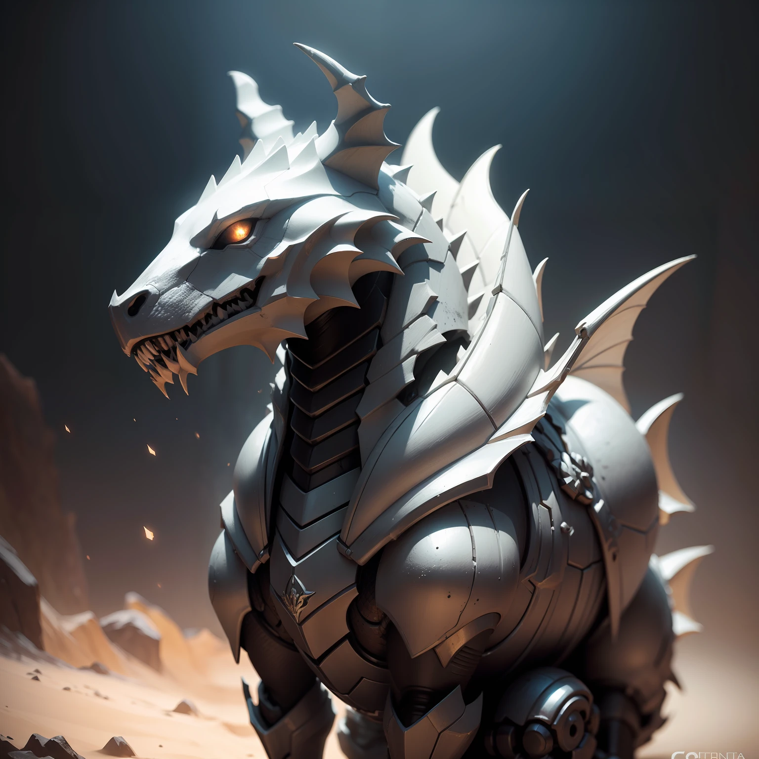 (Realstic:1.5), (Fotorrealista:1.2), detalhado, render, epic, biomechanical dragon, capacete, white plastic, diffuse lighting, dinamic pose, intrincado, elegante, (dynamic background), altamente detalhado, elegante, foco nítido, foto por greg rutkowski, soft-lighting, cores preto e branco, IvoryGoldAI (campos de batalha: 1.2)